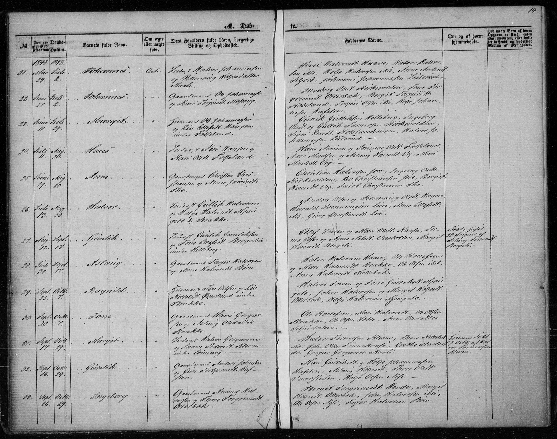 Gransherad kirkebøker, AV/SAKO-A-267/F/Fa/L0002: Parish register (official) no. I 2, 1844-1859, p. 14