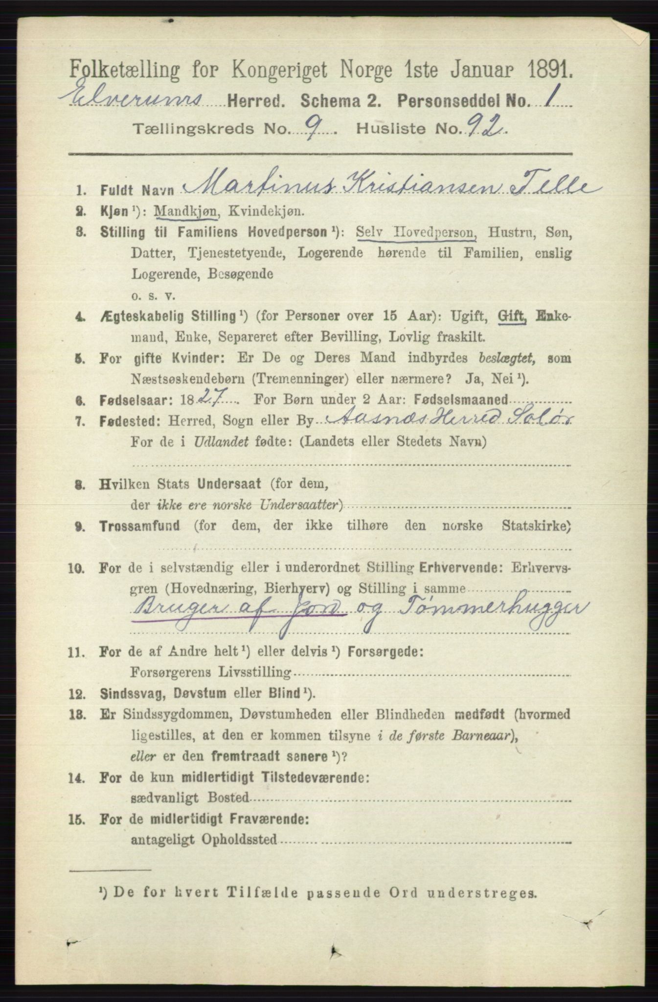 RA, 1891 census for 0427 Elverum, 1891, p. 8073