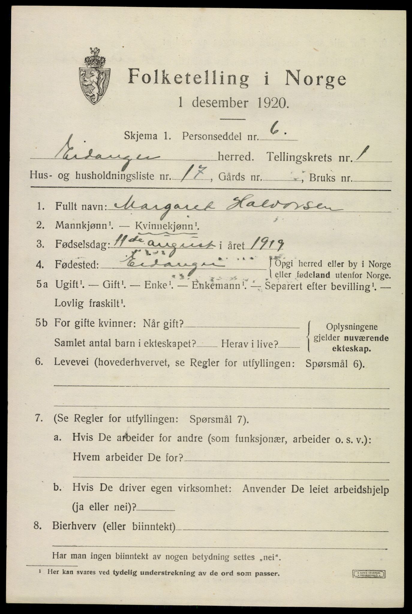 SAKO, 1920 census for Eidanger, 1920, p. 1824