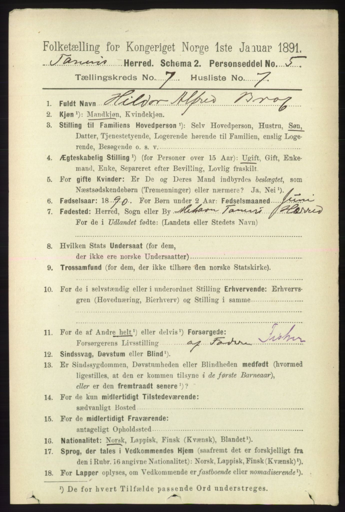 RA, 1891 census for 2025 Tana, 1891, p. 3125