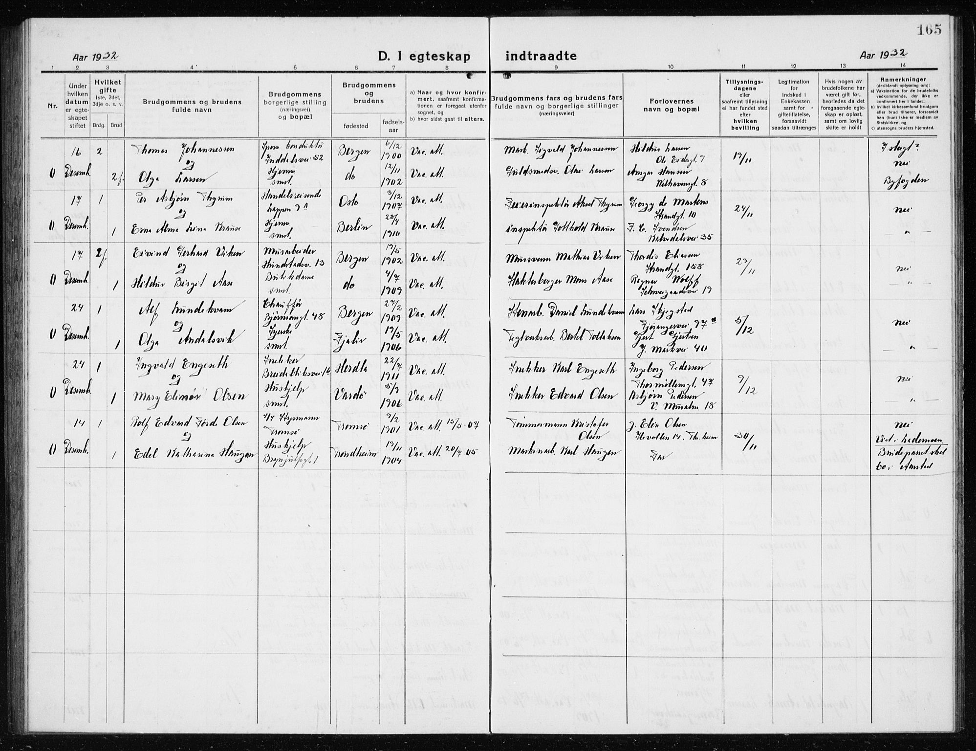 Årstad Sokneprestembete, AV/SAB-A-79301/H/Hab/L0020: Parish register (copy) no. C  2, 1920-1935, p. 165