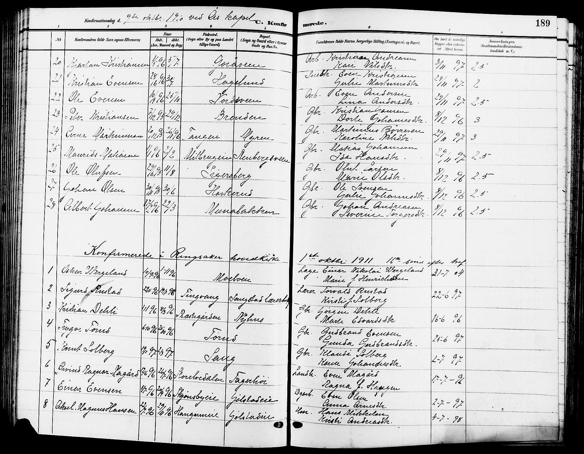 Ringsaker prestekontor, SAH/PREST-014/L/La/L0015: Parish register (copy) no. 15, 1903-1912, p. 189