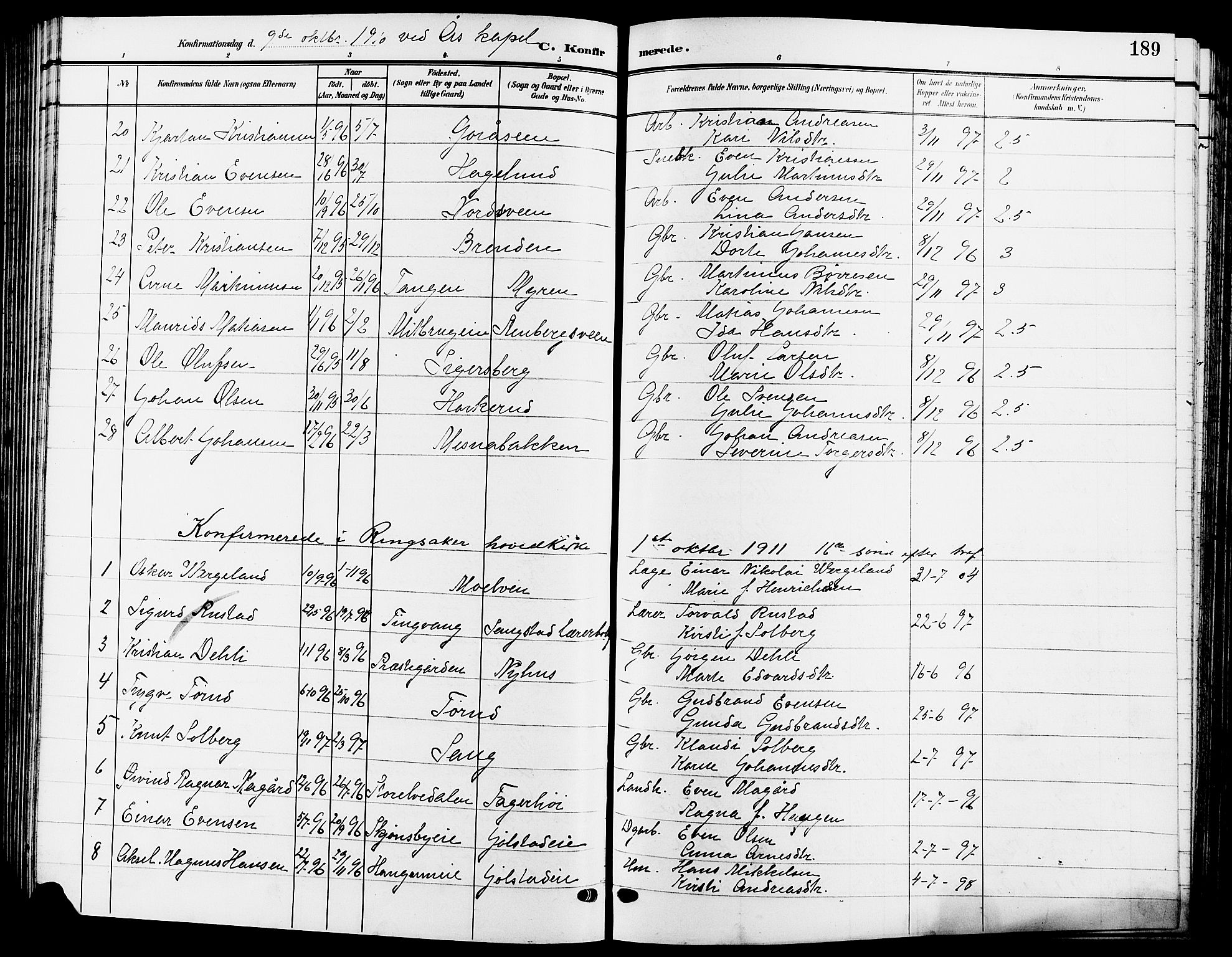 Ringsaker prestekontor, AV/SAH-PREST-014/L/La/L0015: Parish register (copy) no. 15, 1903-1912, p. 189