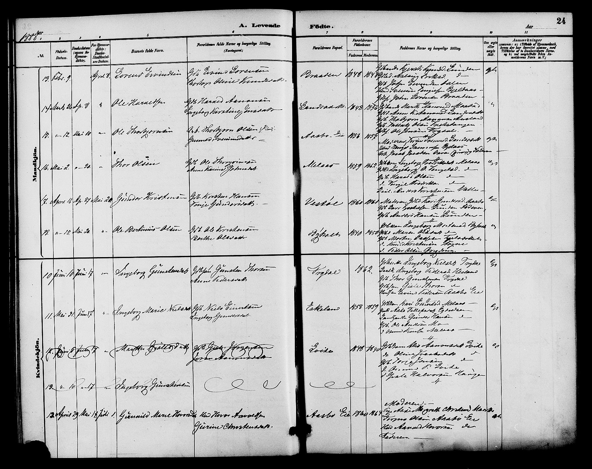 Gjerstad sokneprestkontor, AV/SAK-1111-0014/F/Fa/Faa/L0009: Parish register (official) no. A 9, 1885-1890, p. 24