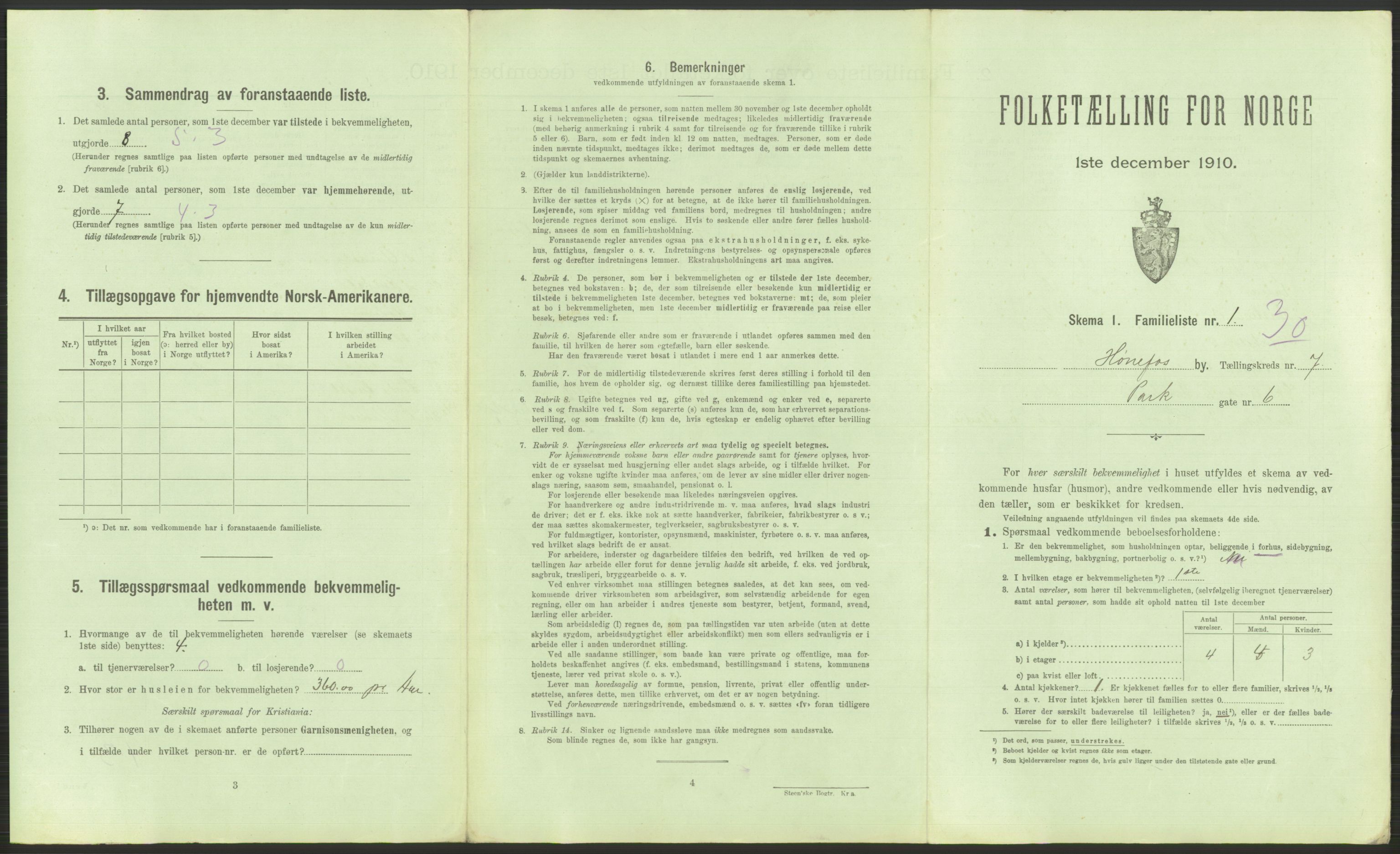 RA, 1910 census for Hønefoss, 1910