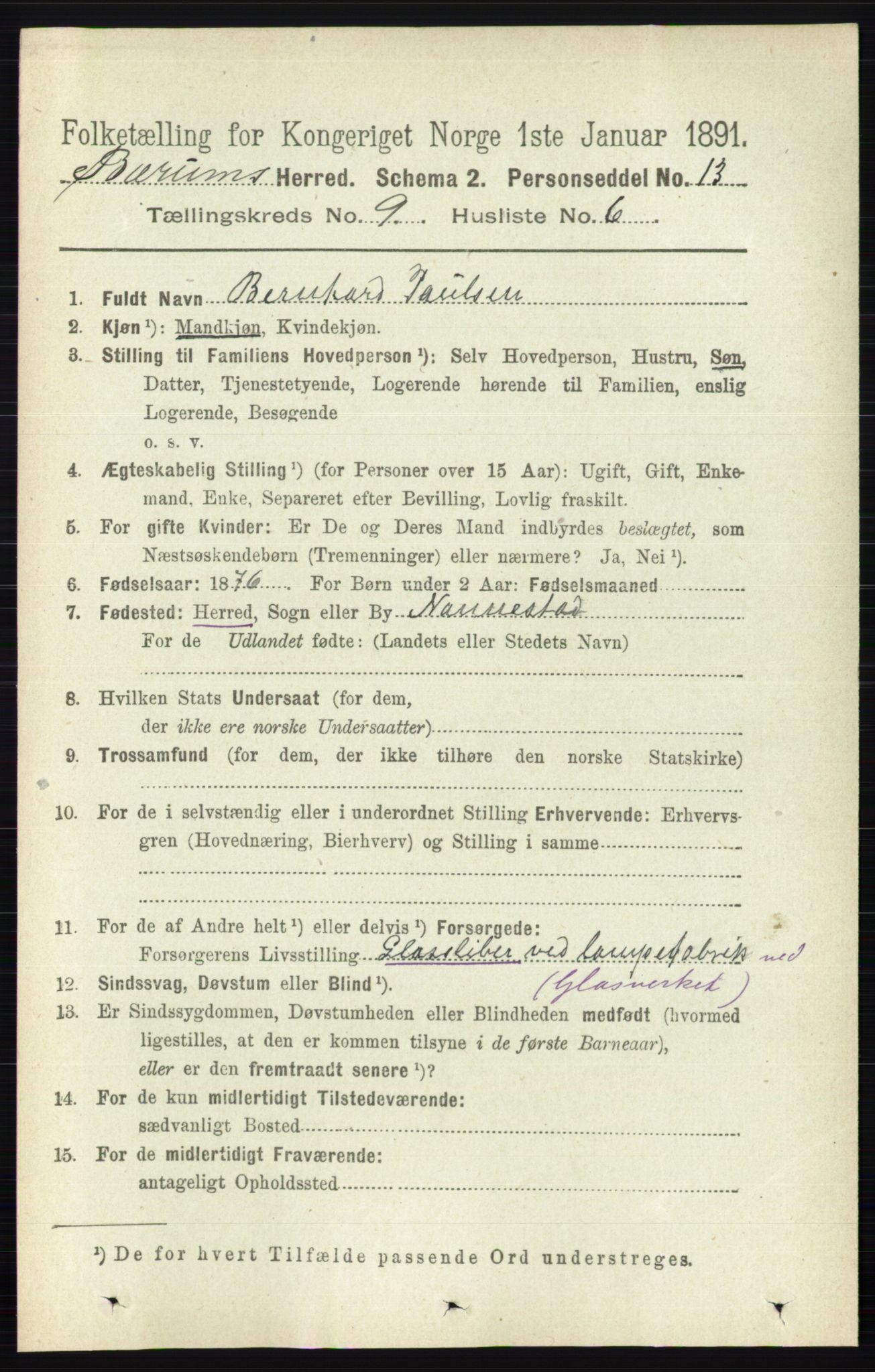 RA, 1891 census for 0219 Bærum, 1891, p. 5186