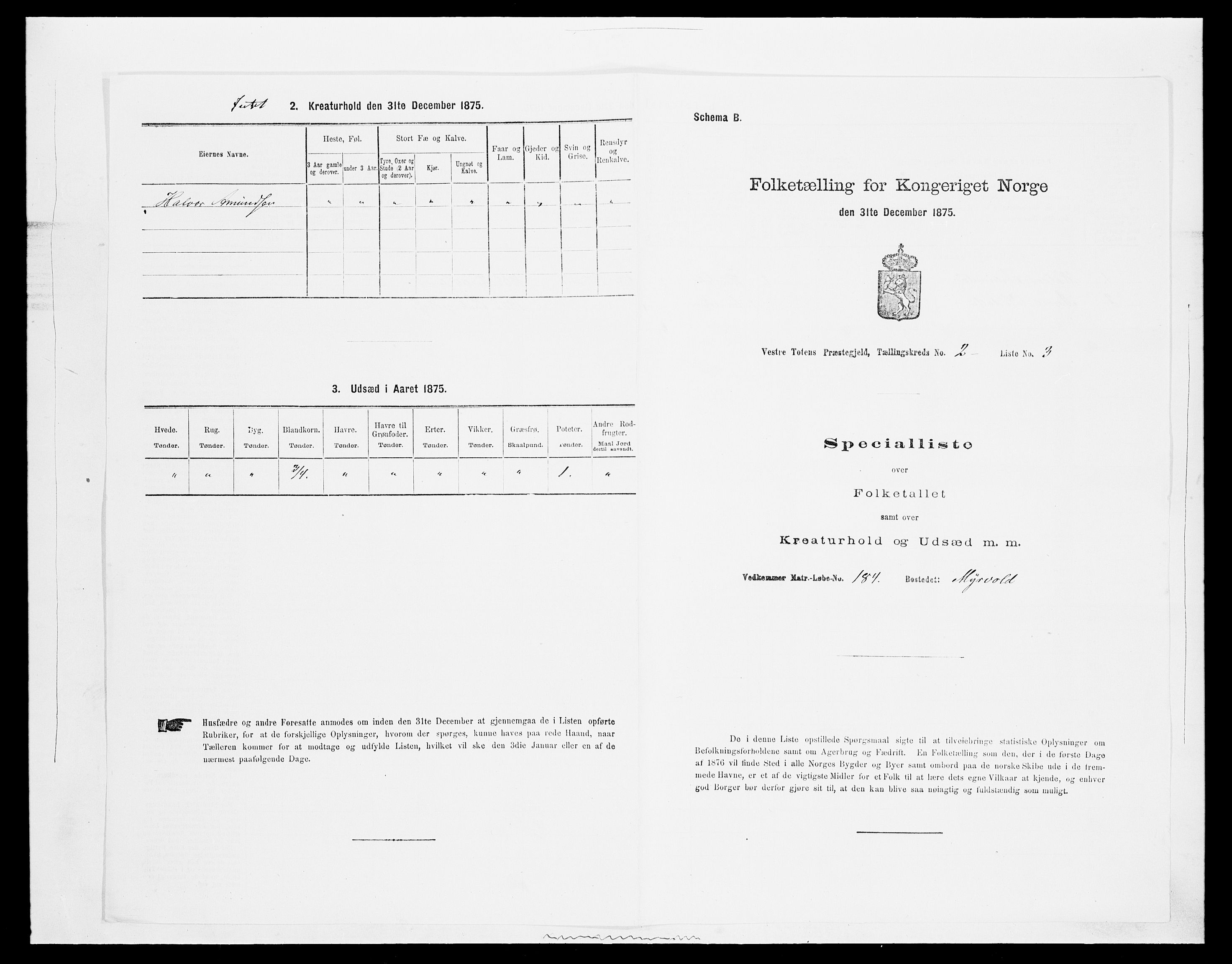 SAH, 1875 census for 0529P Vestre Toten, 1875, p. 431