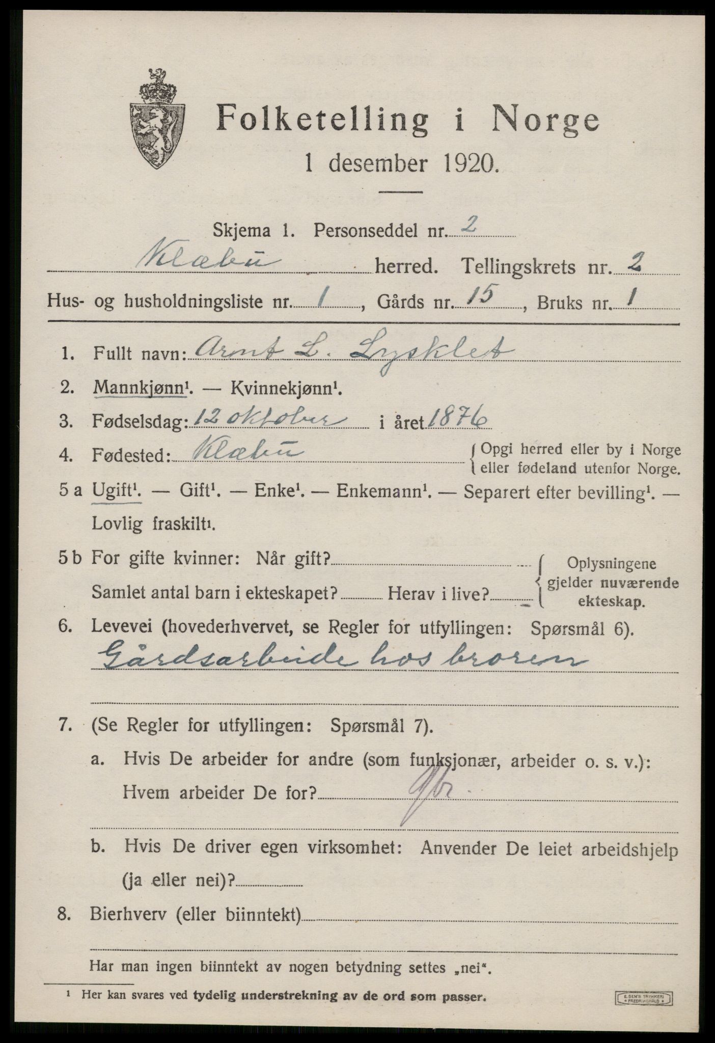 SAT, 1920 census for Klæbu, 1920, p. 904