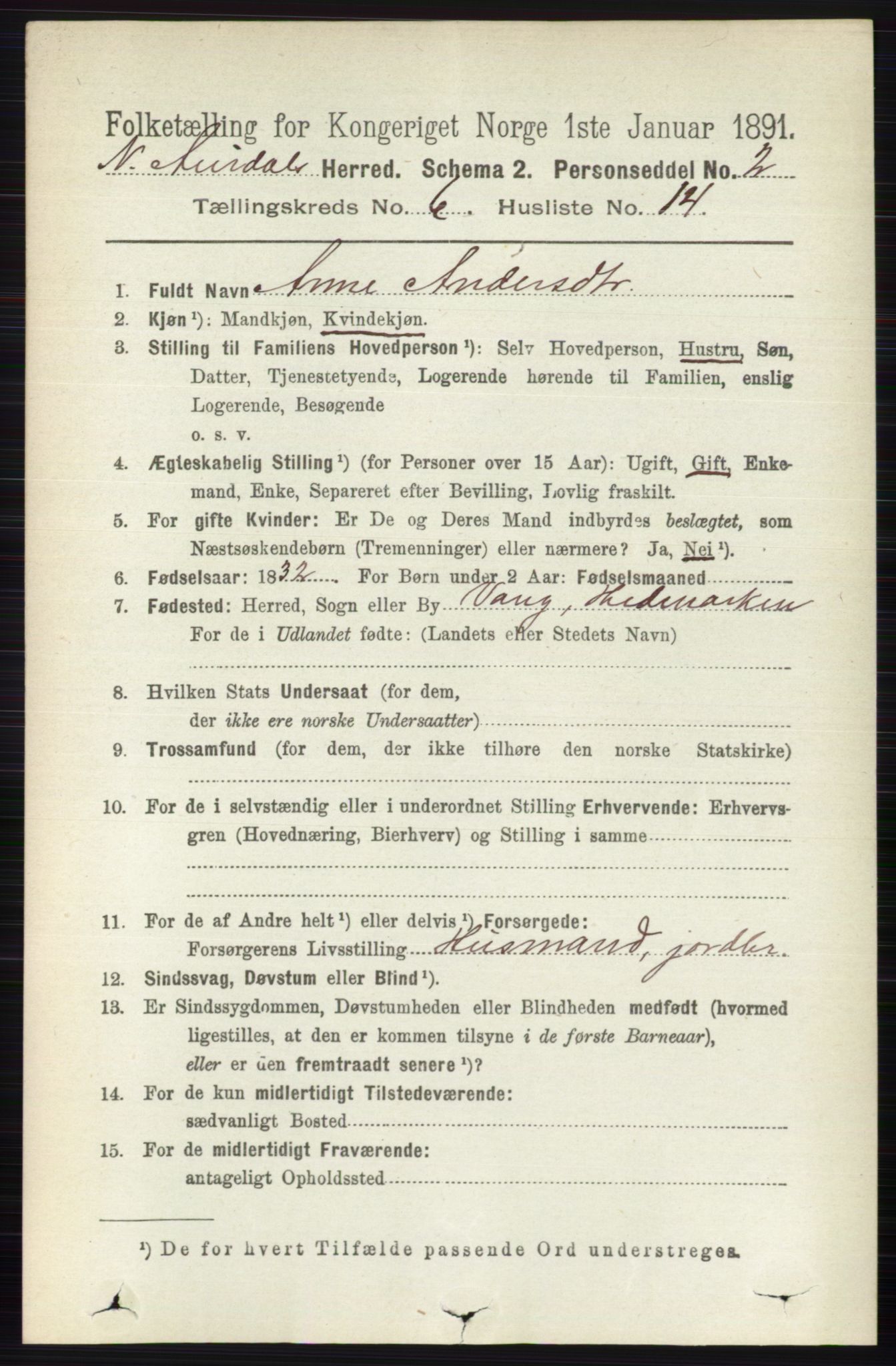 RA, 1891 census for 0542 Nord-Aurdal, 1891, p. 2168