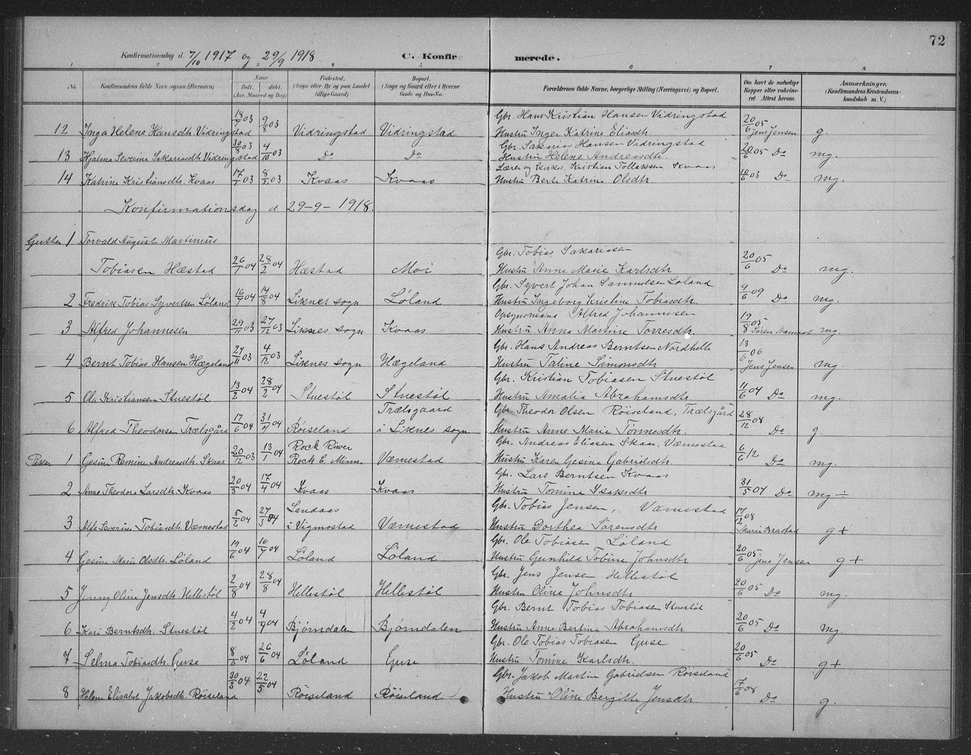 Lyngdal sokneprestkontor, SAK/1111-0029/F/Fb/Fbb/L0002: Parish register (copy) no. B 2, 1901-1934, p. 72