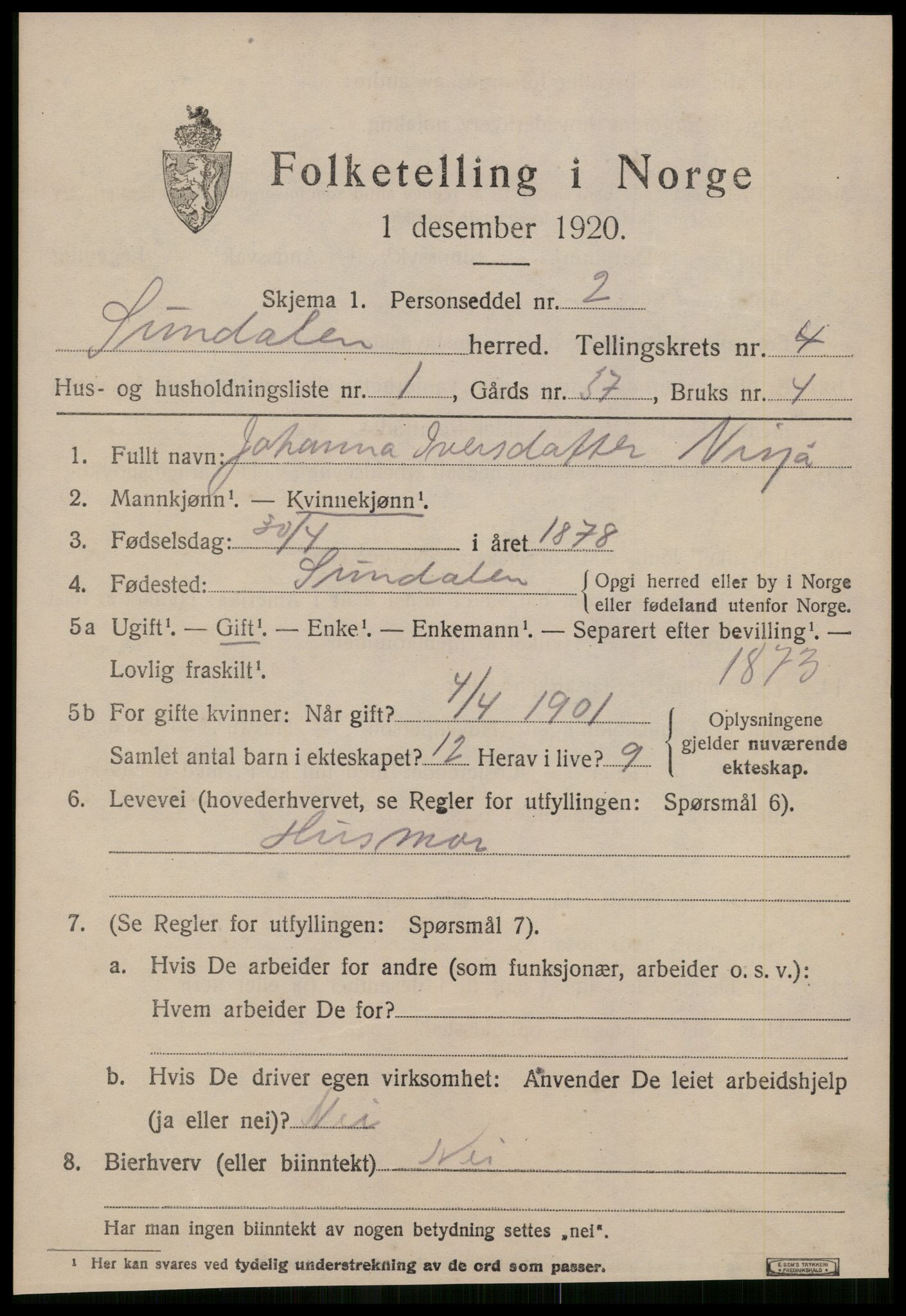 SAT, 1920 census for Sunndal, 1920, p. 2480