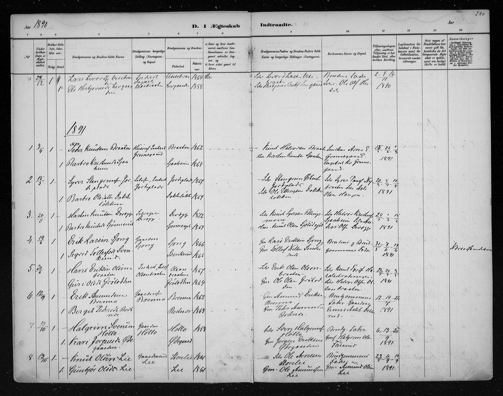 Nes kirkebøker, SAKO/A-236/F/Fa/L0011: Parish register (official) no. 11, 1881-1912, p. 280