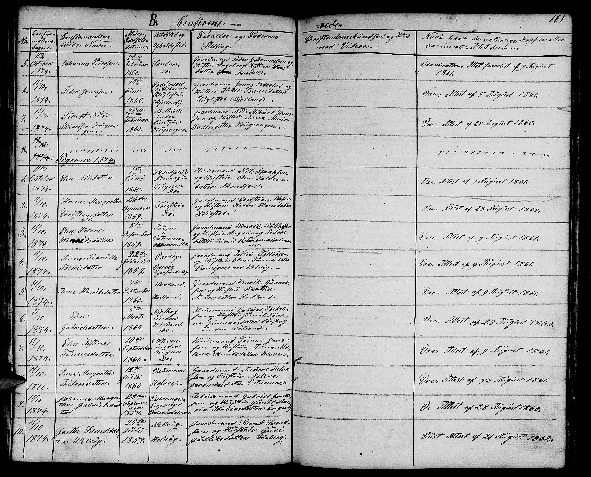 Eigersund sokneprestkontor, AV/SAST-A-101807/S09/L0003: Parish register (copy) no. B 3, 1846-1875, p. 161