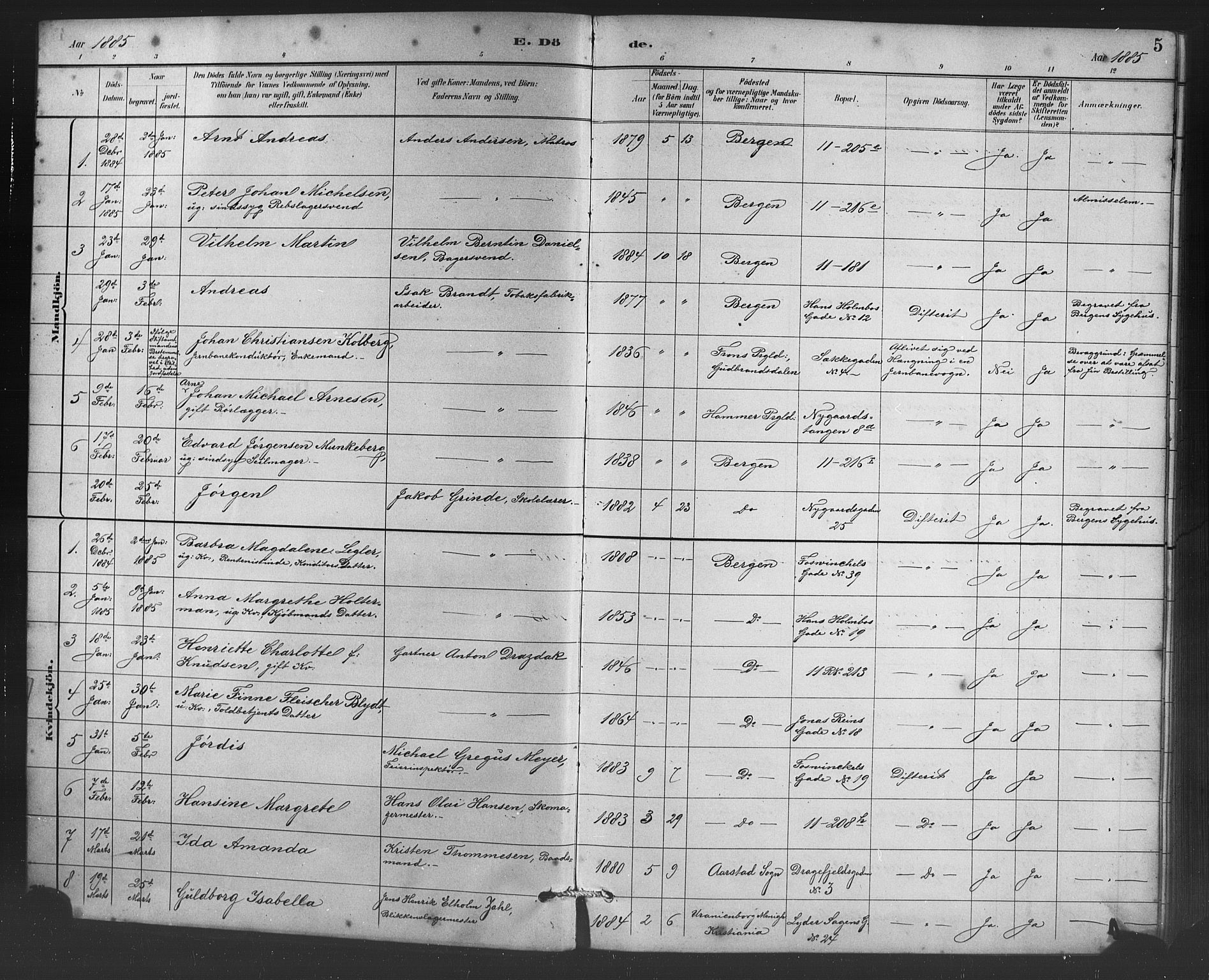 Johanneskirken sokneprestembete, AV/SAB-A-76001/H/Hab: Parish register (copy) no. D 1, 1885-1915, p. 5