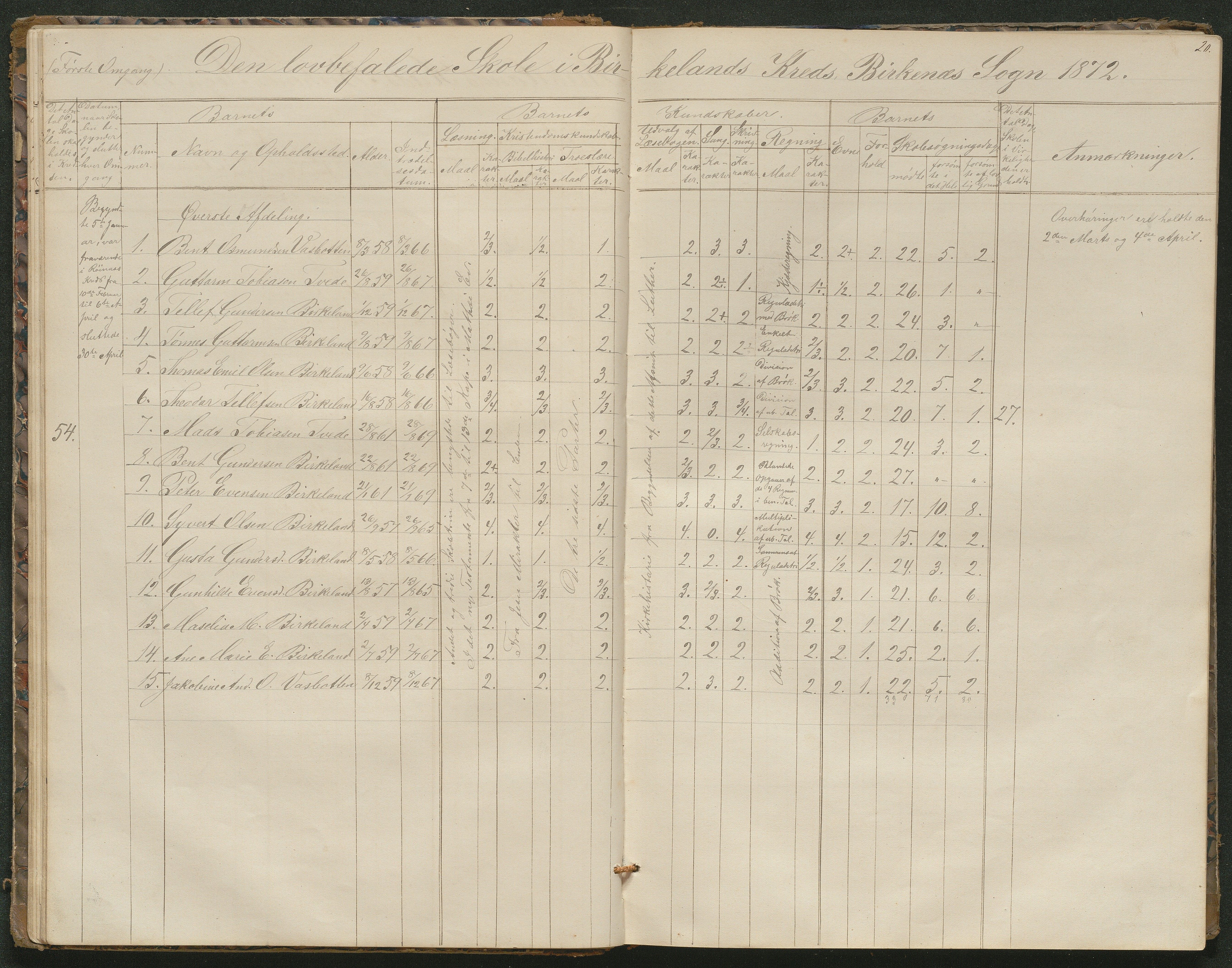 Birkenes kommune, Birkenes krets/Birkeland folkeskole frem til 1991, AAKS/KA0928-550a_91/F02/L0001: Skoleprotokoll, 1862-1896, p. 20