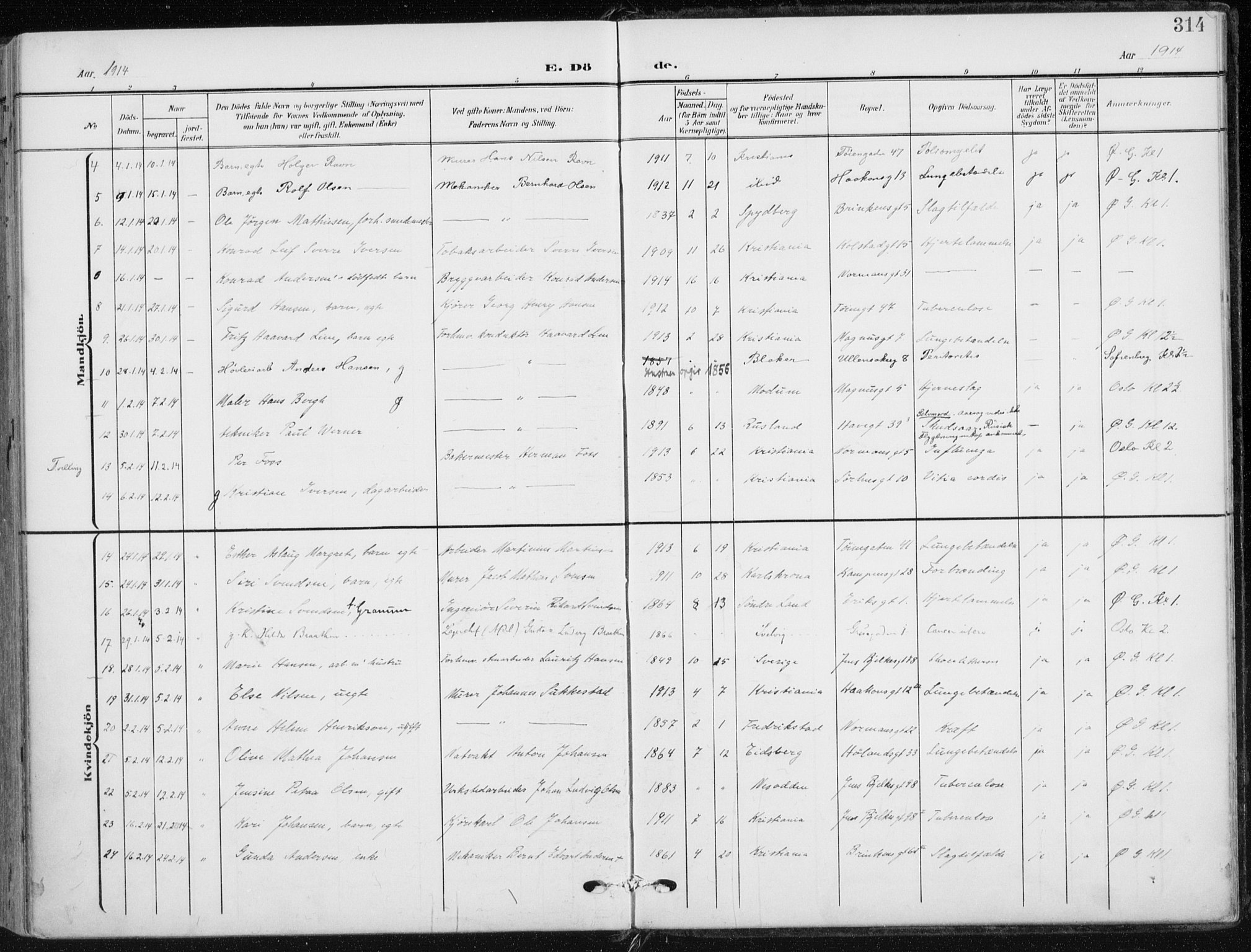 Kampen prestekontor Kirkebøker, AV/SAO-A-10853/F/Fa/L0011: Parish register (official) no. I 11, 1907-1917, p. 314