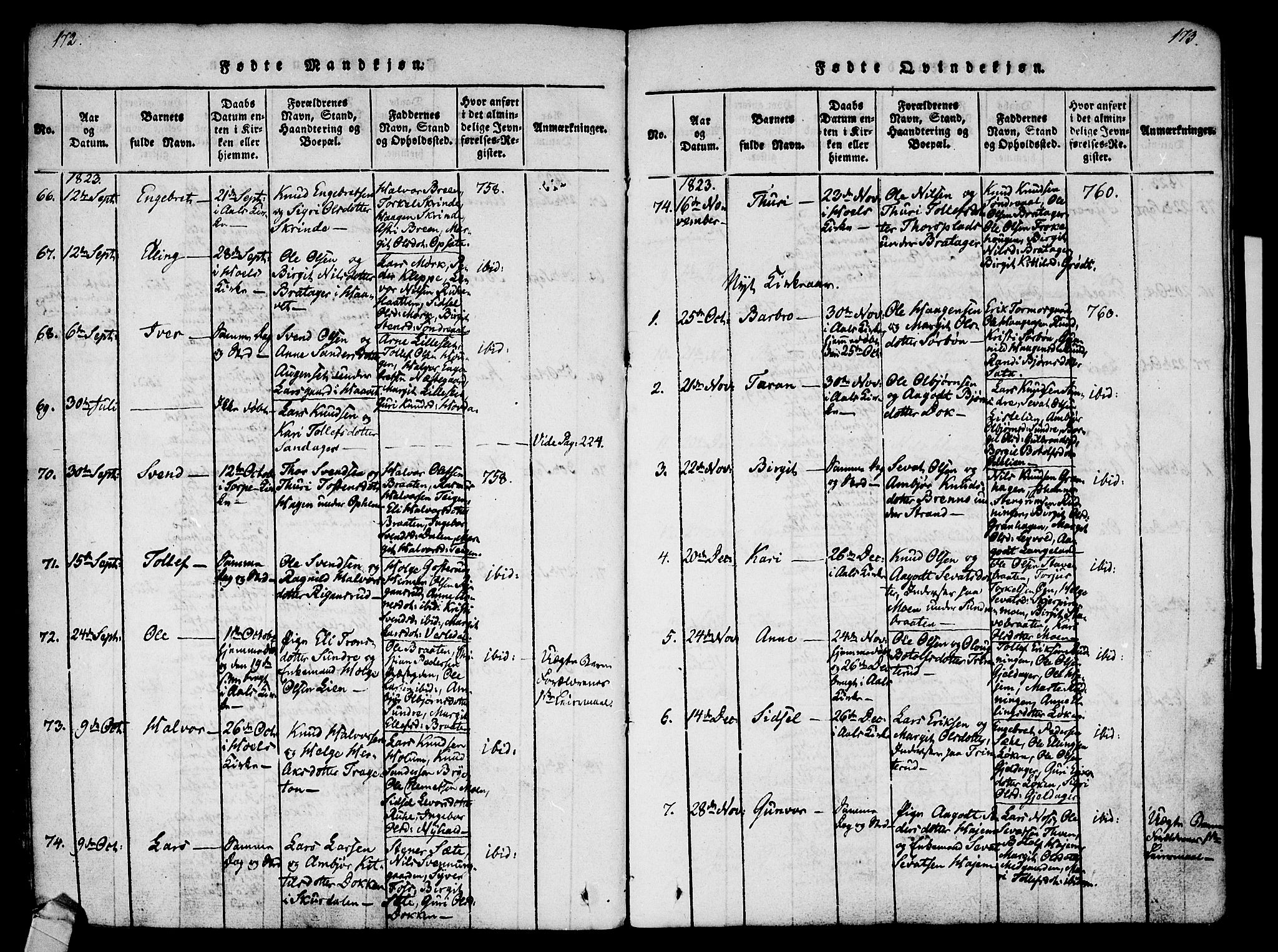 Ål kirkebøker, AV/SAKO-A-249/F/Fa/L0004: Parish register (official) no. I 4, 1815-1825, p. 172-173