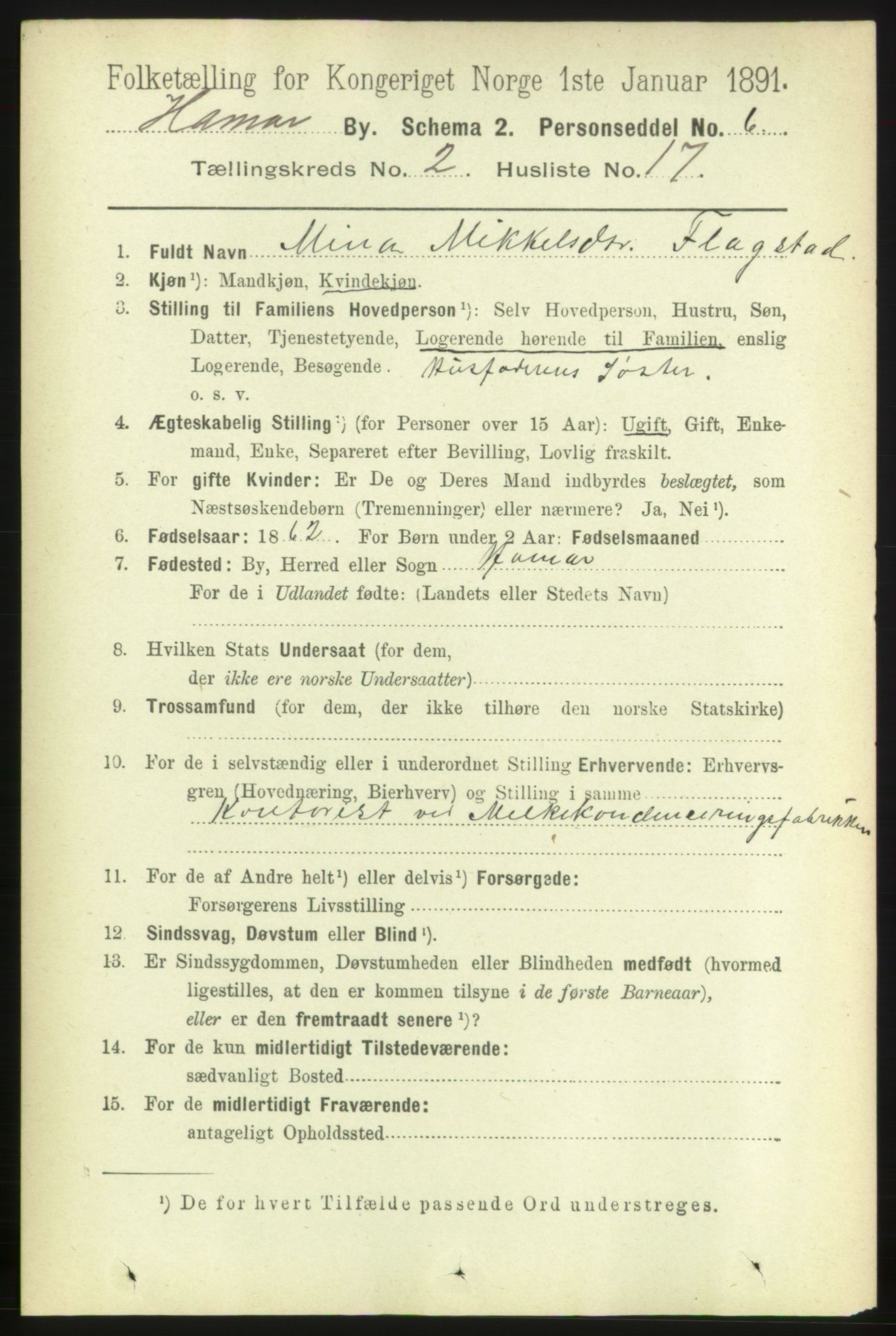 RA, 1891 census for 0401 Hamar, 1891, p. 1225