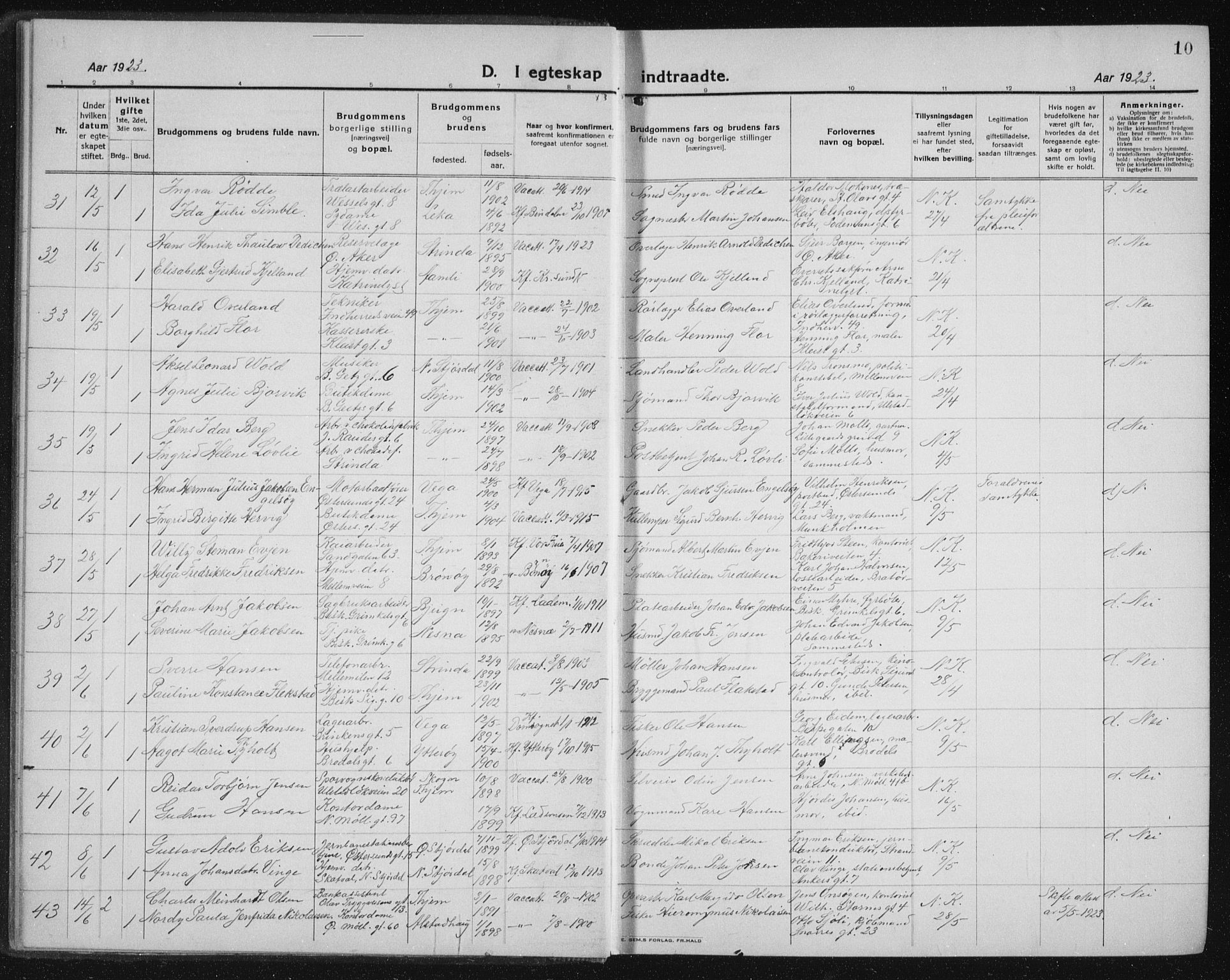 Ministerialprotokoller, klokkerbøker og fødselsregistre - Sør-Trøndelag, SAT/A-1456/605/L0260: Parish register (copy) no. 605C07, 1922-1942, p. 10