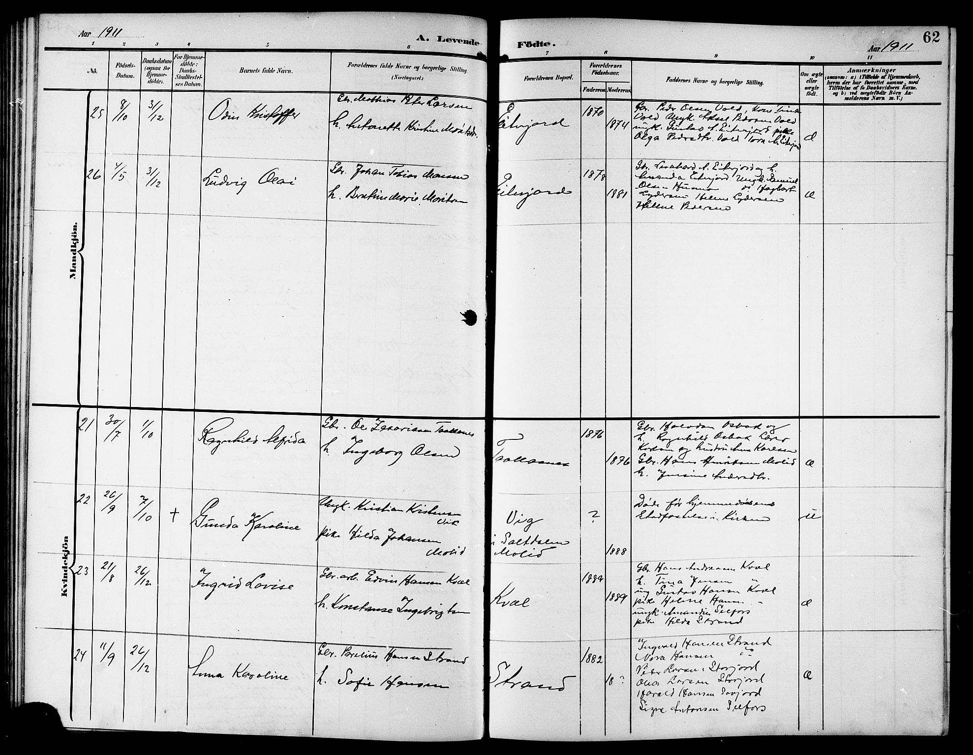 Ministerialprotokoller, klokkerbøker og fødselsregistre - Nordland, AV/SAT-A-1459/846/L0655: Parish register (copy) no. 846C05, 1902-1916, p. 62