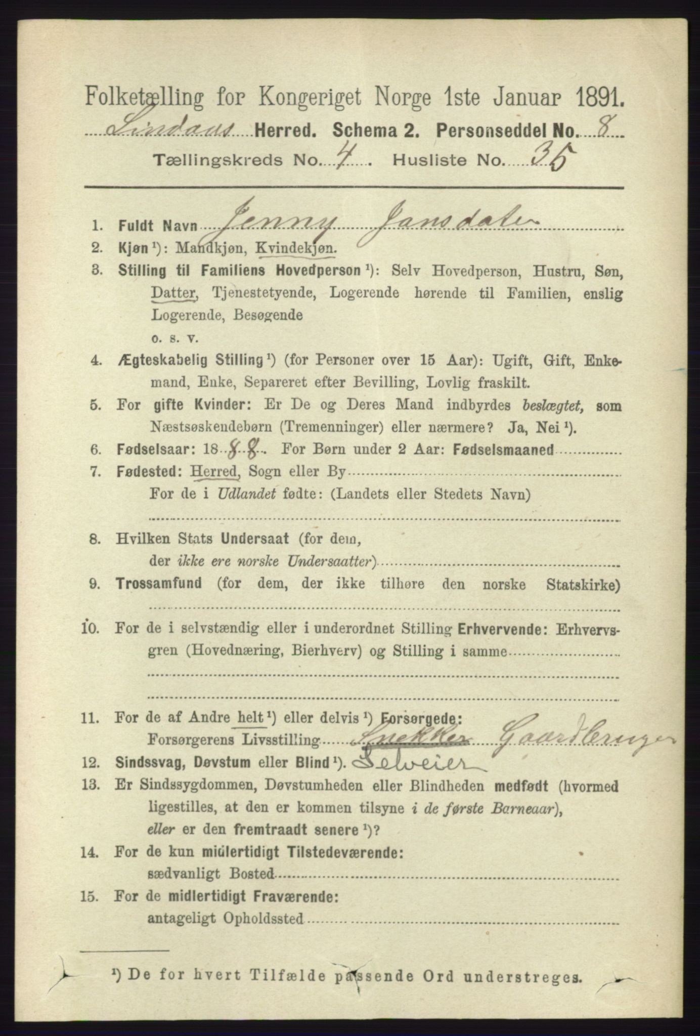 RA, 1891 census for 1263 Lindås, 1891, p. 1390