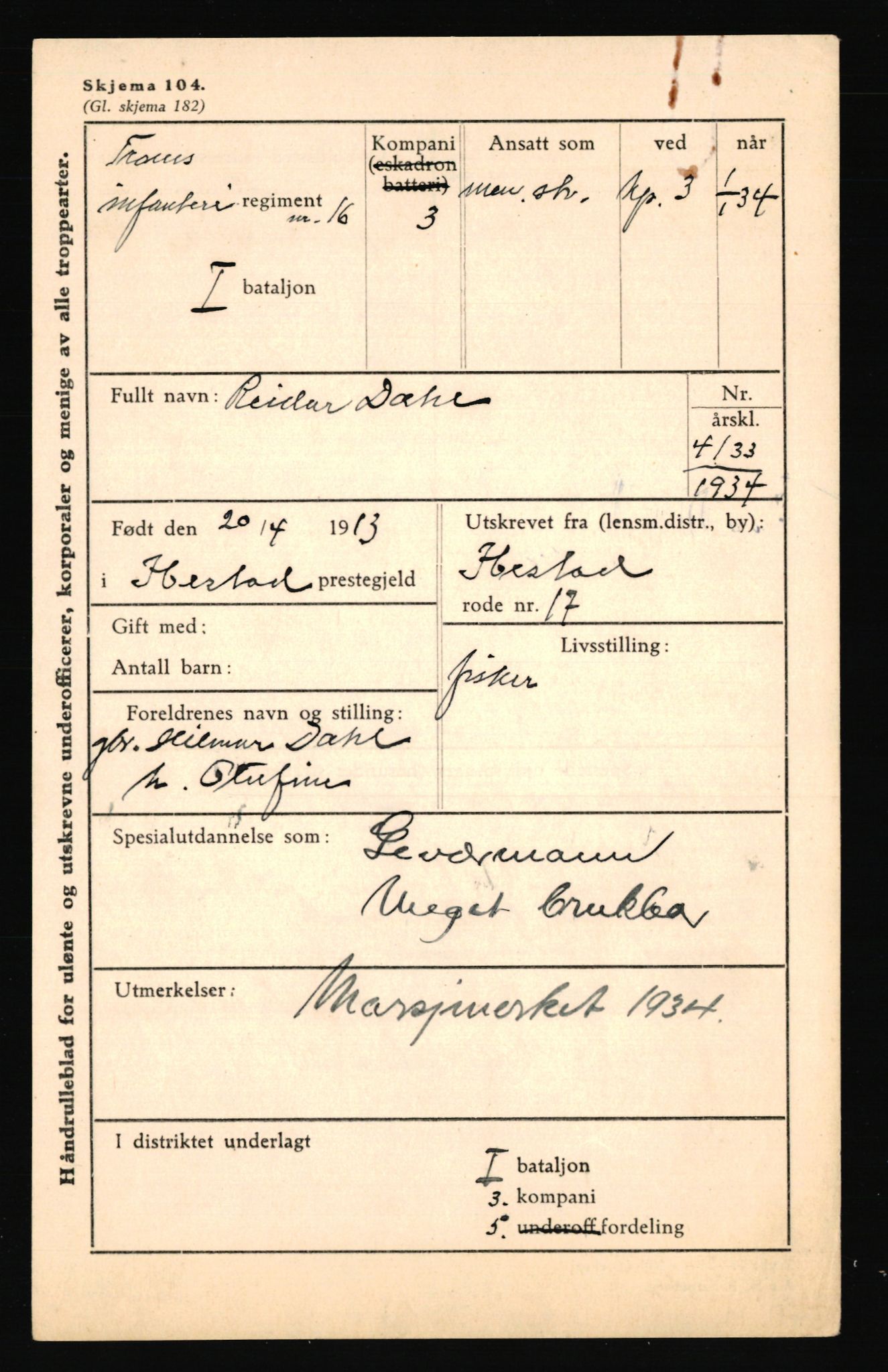 Forsvaret, Troms infanteriregiment nr. 16, AV/RA-RAFA-3146/P/Pa/L0018: Rulleblad for regimentets menige mannskaper, årsklasse 1934, 1934, p. 159