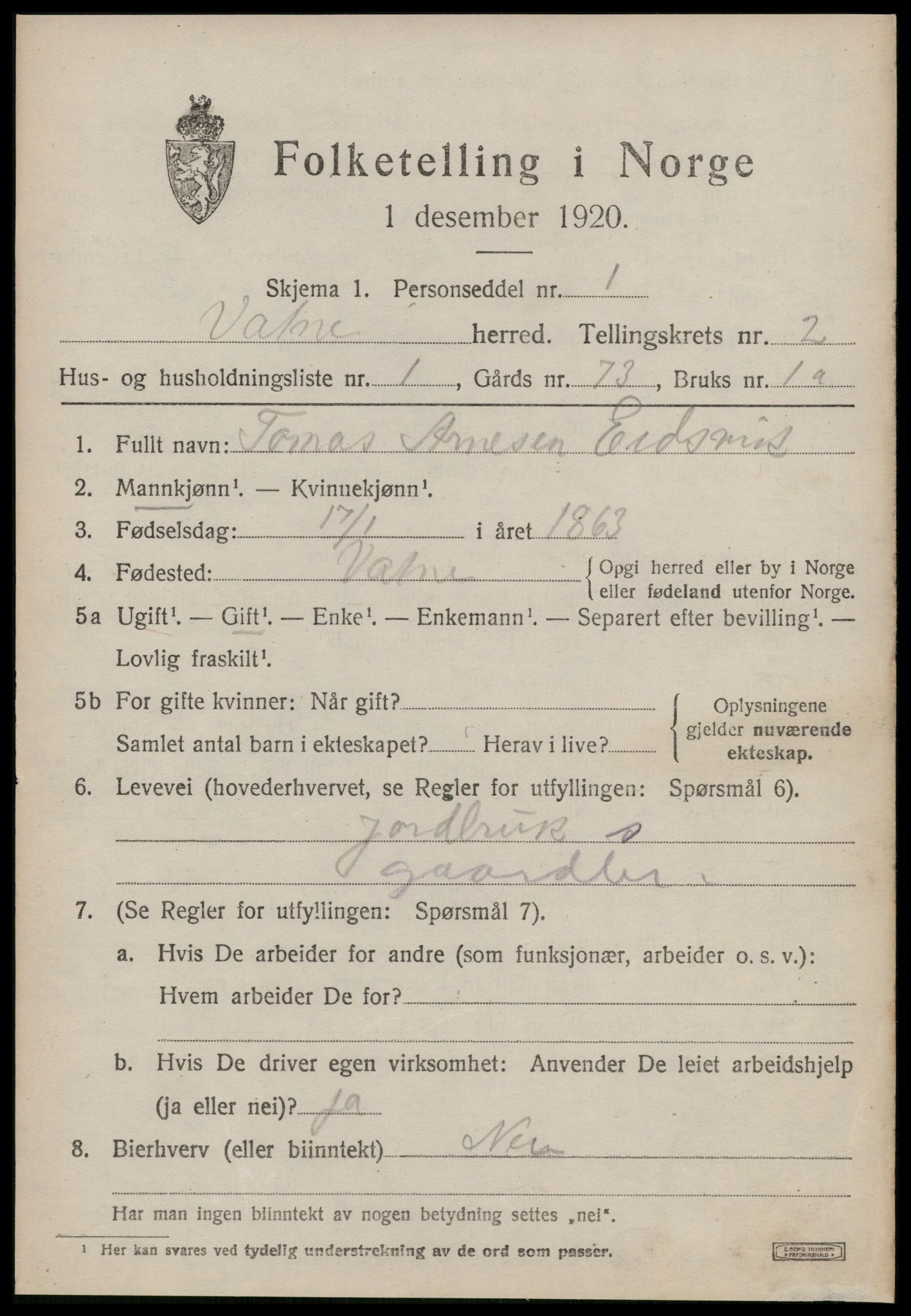 SAT, 1920 census for Vatne, 1920, p. 1080