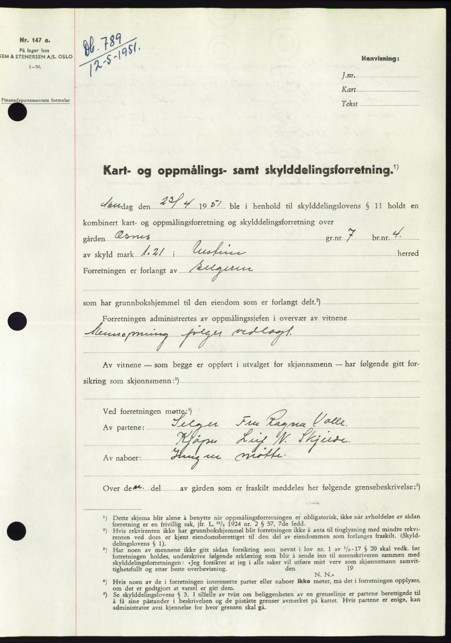 Søre Sunnmøre sorenskriveri, AV/SAT-A-4122/1/2/2C/L0089: Mortgage book no. 15A, 1951-1951, Diary no: : 789/1951