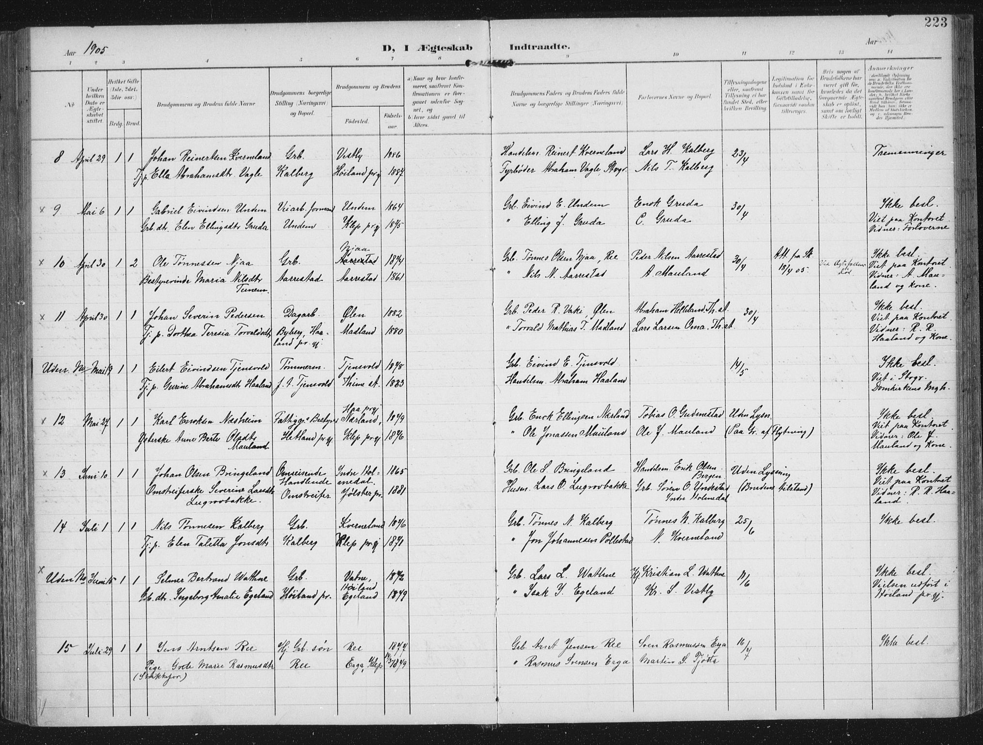 Lye sokneprestkontor, AV/SAST-A-101794/002/A/L0001: Parish register (official) no. A 12, 1904-1920, p. 223