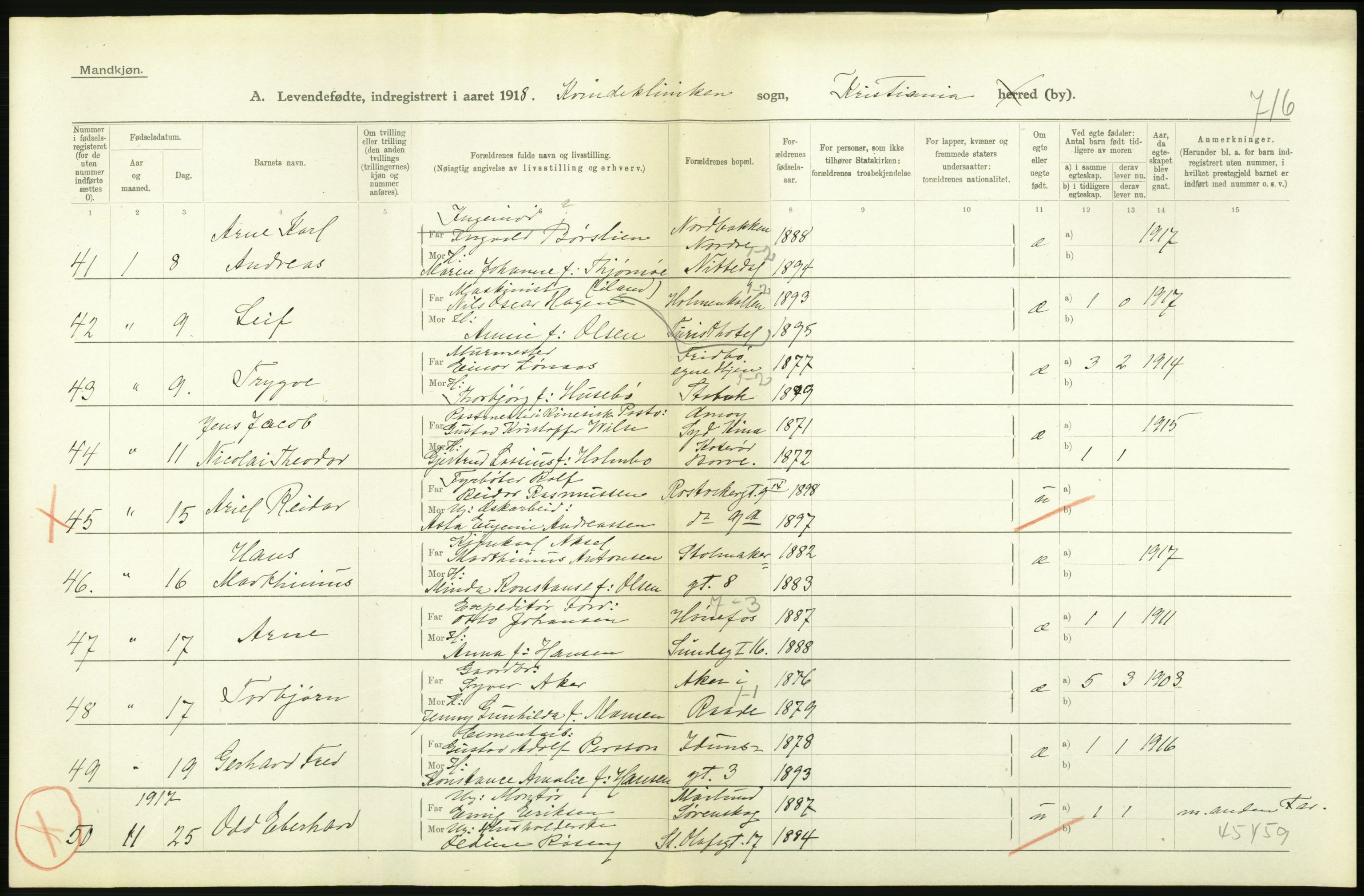 Statistisk sentralbyrå, Sosiodemografiske emner, Befolkning, AV/RA-S-2228/D/Df/Dfb/Dfbh/L0008: Kristiania: Levendefødte menn og kvinner., 1918, p. 398