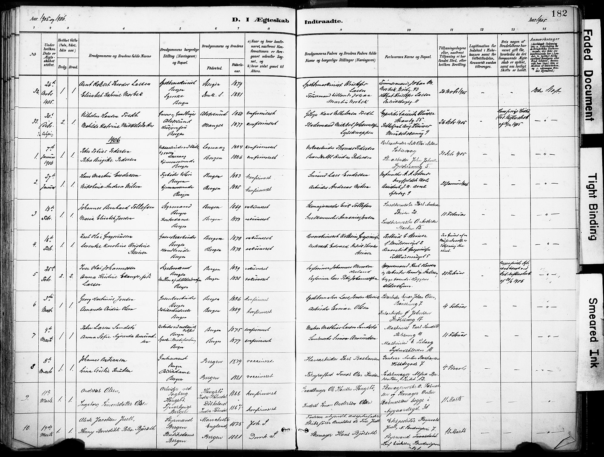 Domkirken sokneprestembete, SAB/A-74801/H/Haa/L0037: Parish register (official) no. D 4, 1880-1907, p. 182