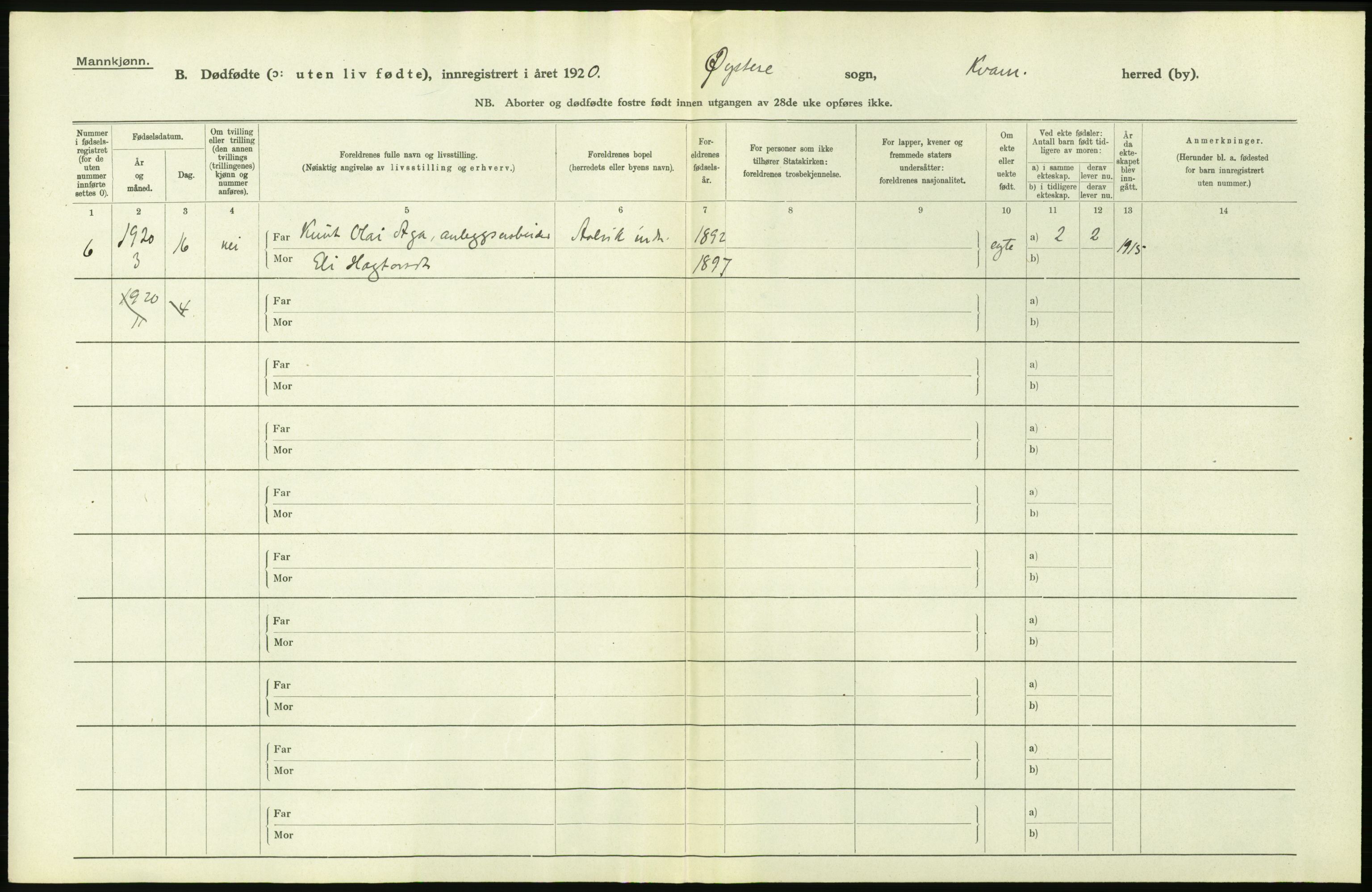 Statistisk sentralbyrå, Sosiodemografiske emner, Befolkning, RA/S-2228/D/Df/Dfb/Dfbj/L0039: Hordaland fylke: Gifte, dødfødte. Bygder., 1920, p. 282