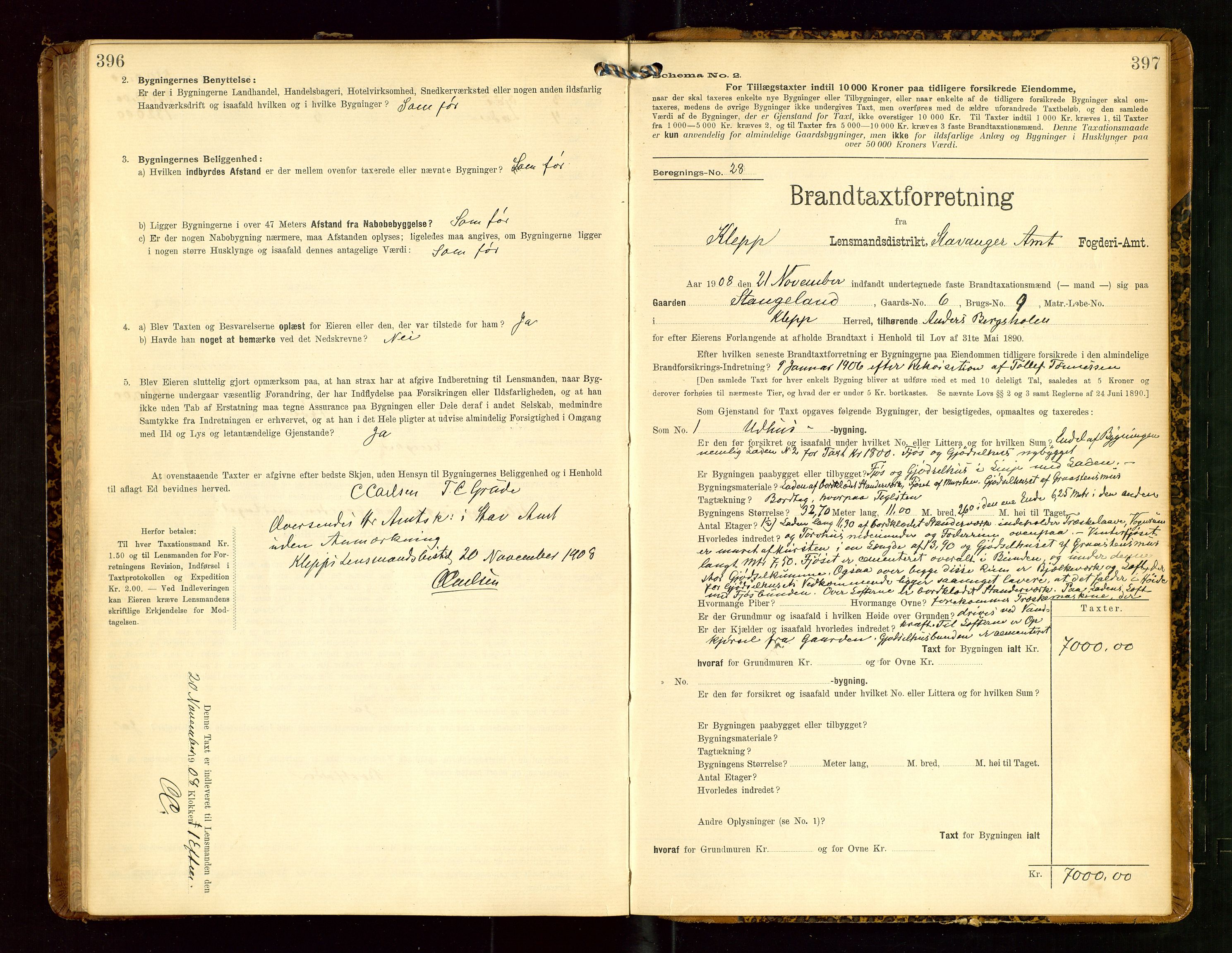 Klepp lensmannskontor, SAST/A-100163/Goc/L0005: "Brandtaxationsprotokol" m/register, 1908, p. 396-397
