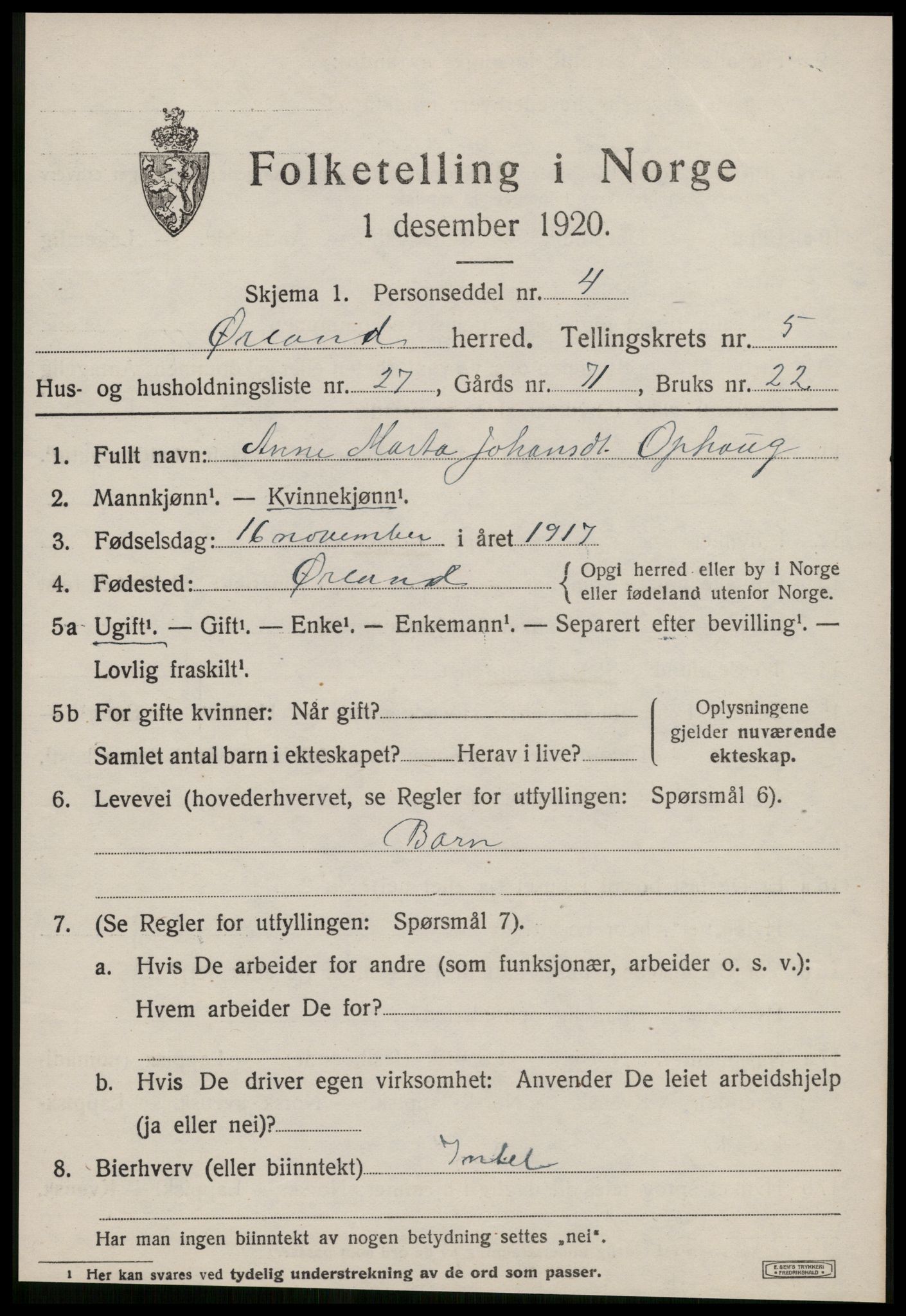 SAT, 1920 census for Ørland, 1920, p. 4775