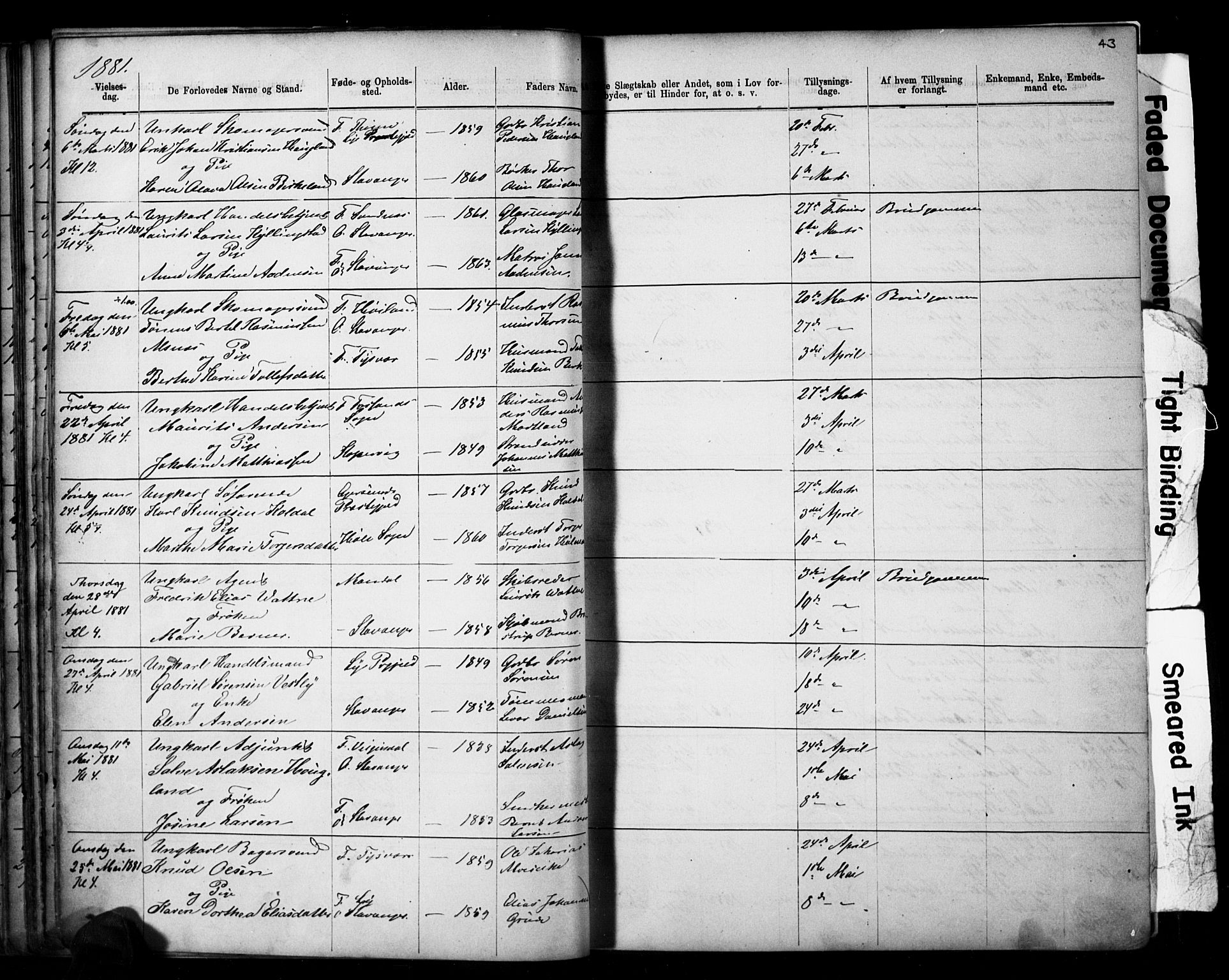 Domkirken sokneprestkontor, SAST/A-101812/001/30/30BB/L0014: Parish register (copy) no. B 14, 1875-1902, p. 43
