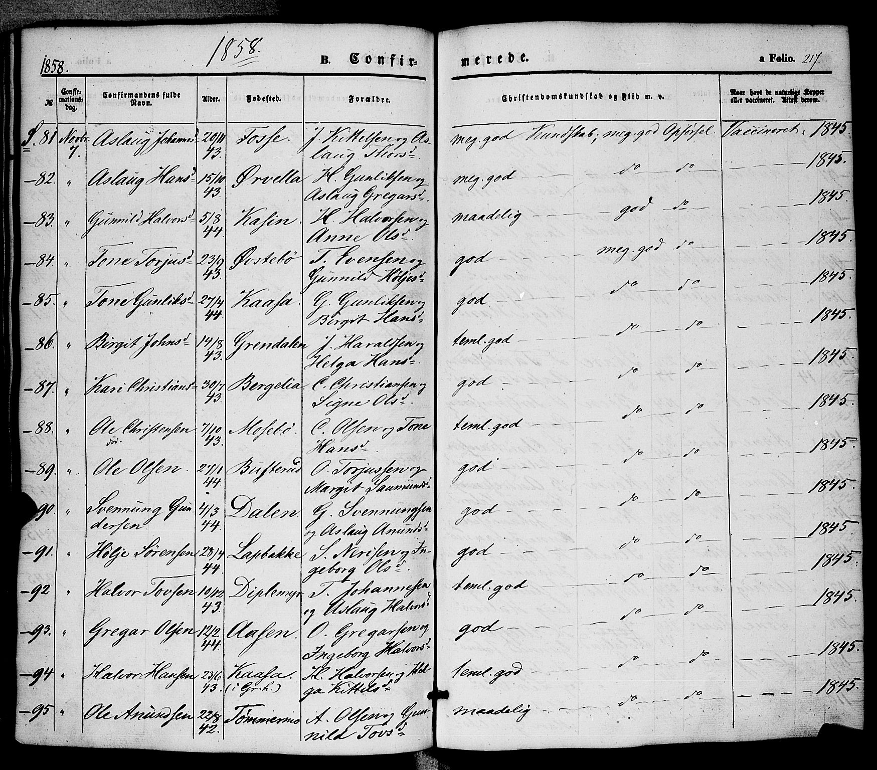 Hjartdal kirkebøker, AV/SAKO-A-270/F/Fa/L0008: Parish register (official) no. I 8, 1844-1859, p. 217