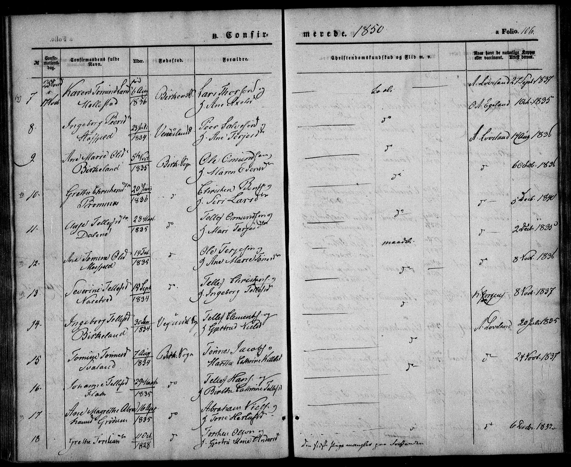 Birkenes sokneprestkontor, AV/SAK-1111-0004/F/Fa/L0003: Parish register (official) no. A 3, 1850-1866, p. 106