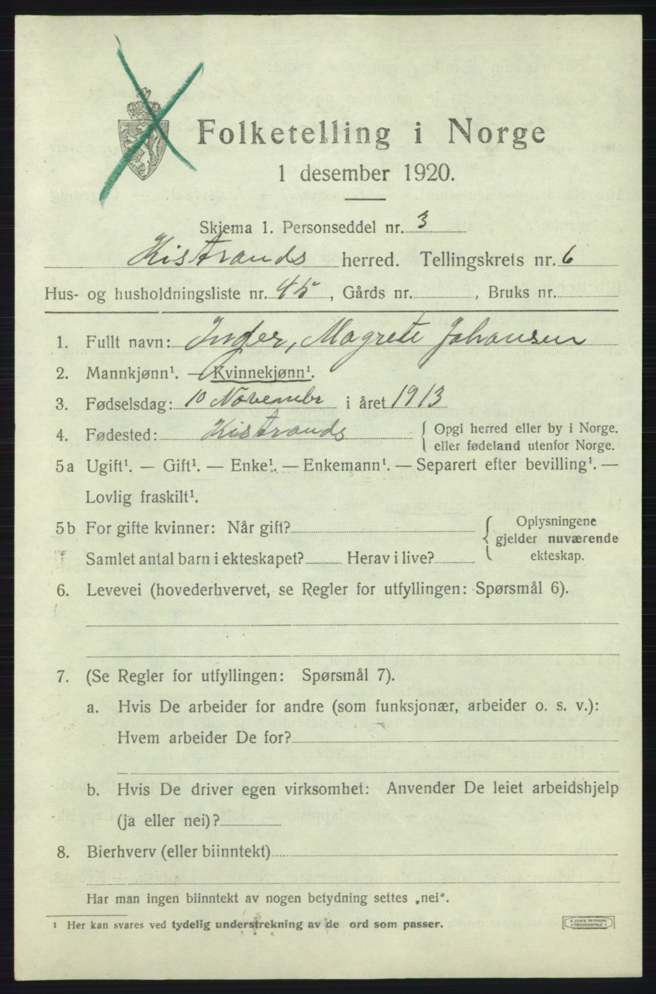 SATØ, 1920 census for Kistrand, 1920, p. 4142