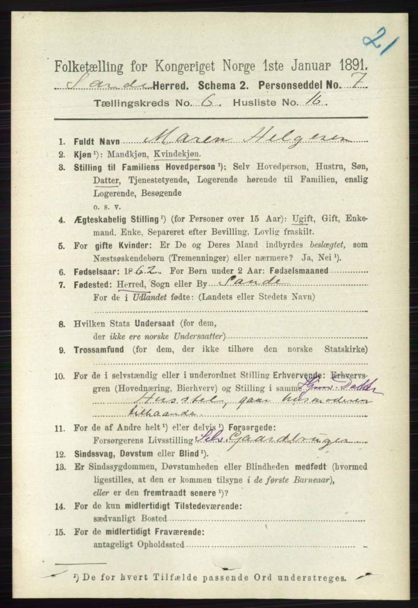 RA, 1891 census for 0713 Sande, 1891, p. 2785