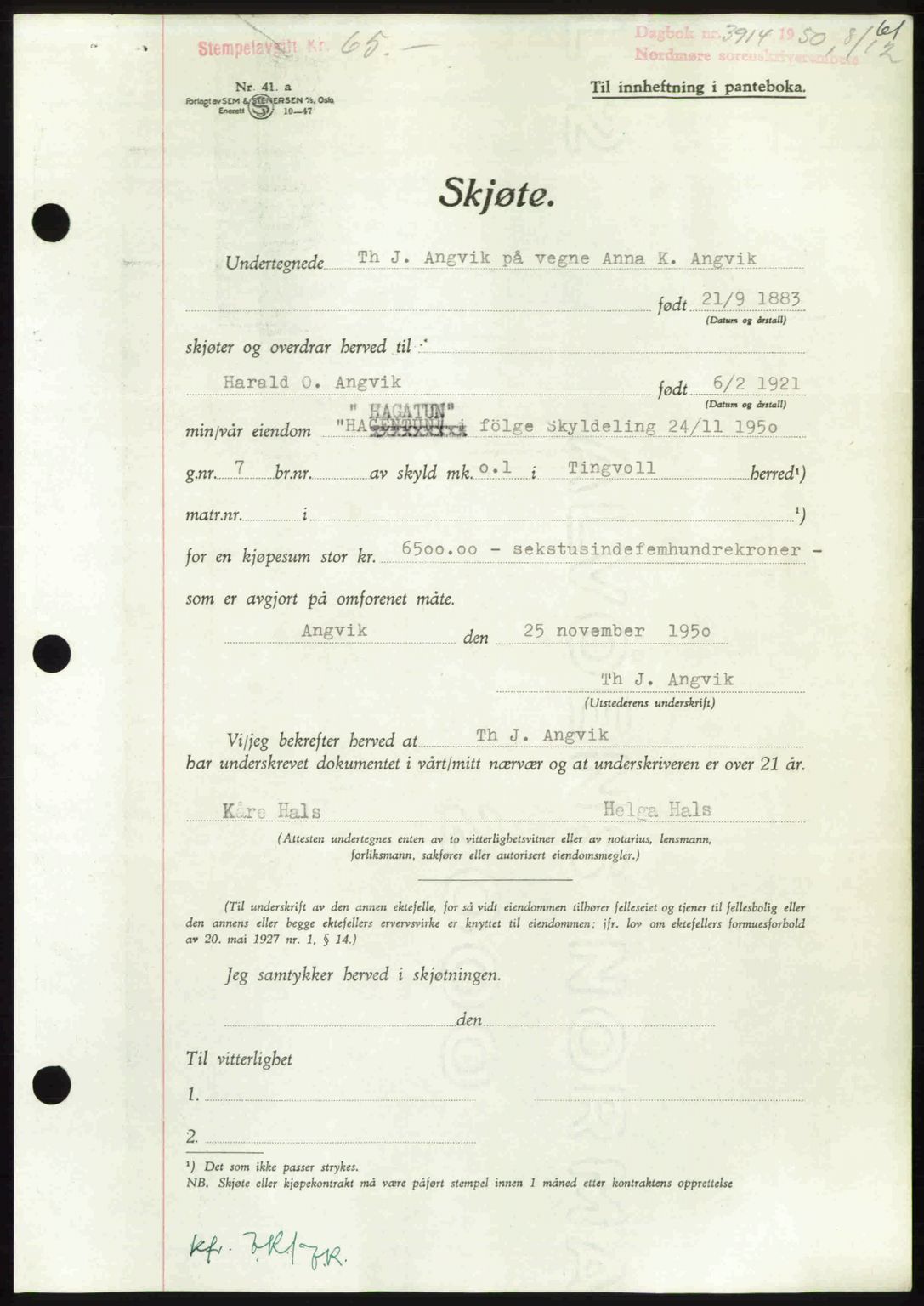 Nordmøre sorenskriveri, AV/SAT-A-4132/1/2/2Ca: Mortgage book no. A117, 1950-1950, Diary no: : 3914/1950