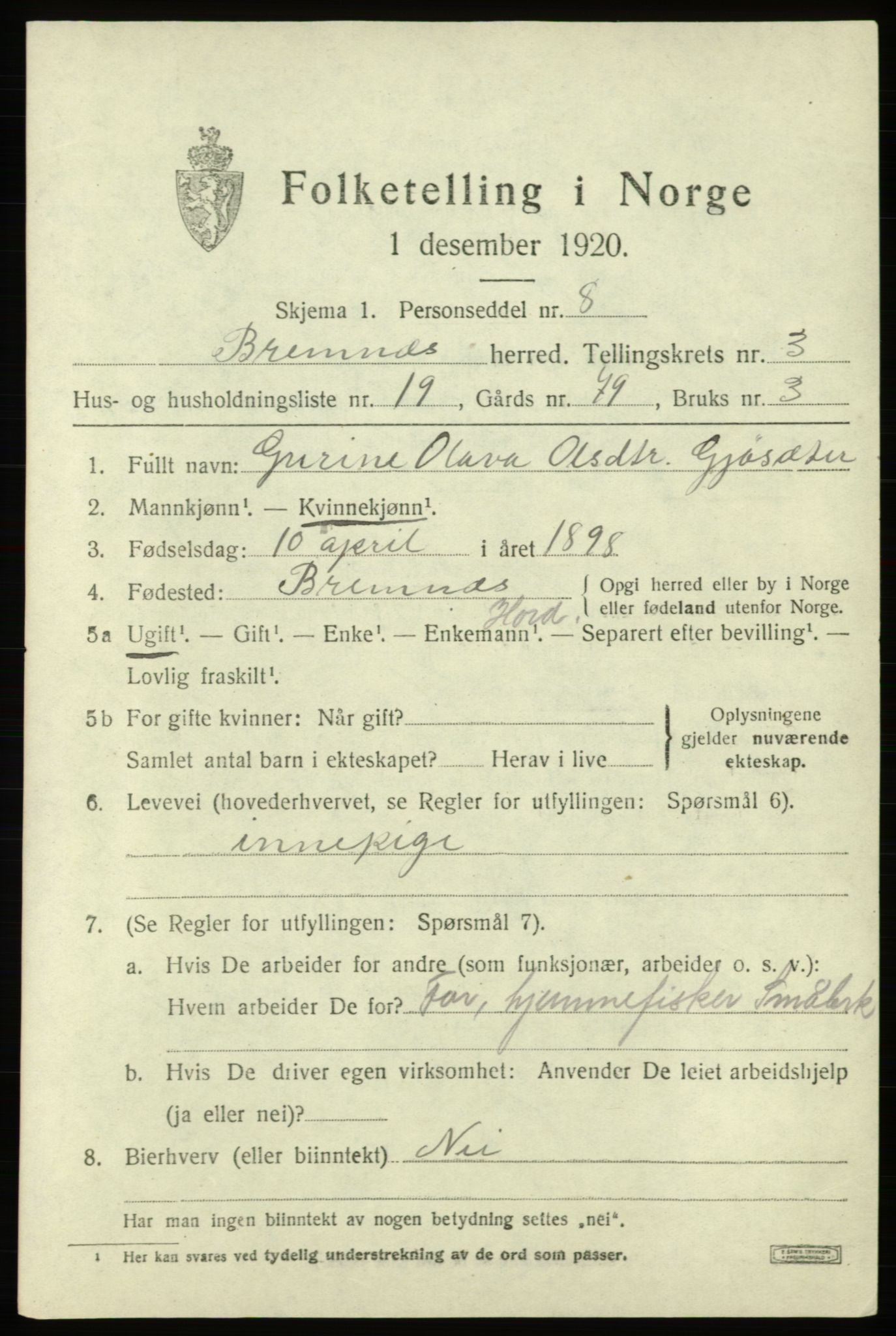 SAB, 1920 census for Bremnes, 1920, p. 1802