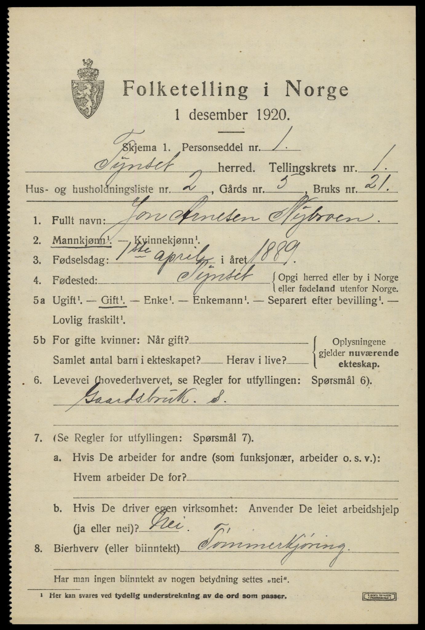 SAH, 1920 census for Tynset, 1920, p. 1546
