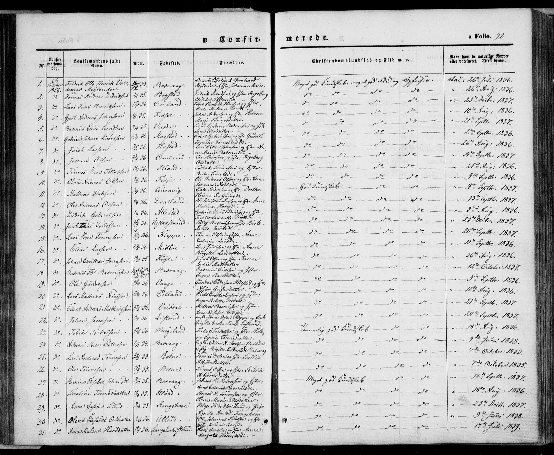 Flekkefjord sokneprestkontor, SAK/1111-0012/F/Fa/Fab/L0004: Parish register (official) no. A 4, 1850-1875, p. 92