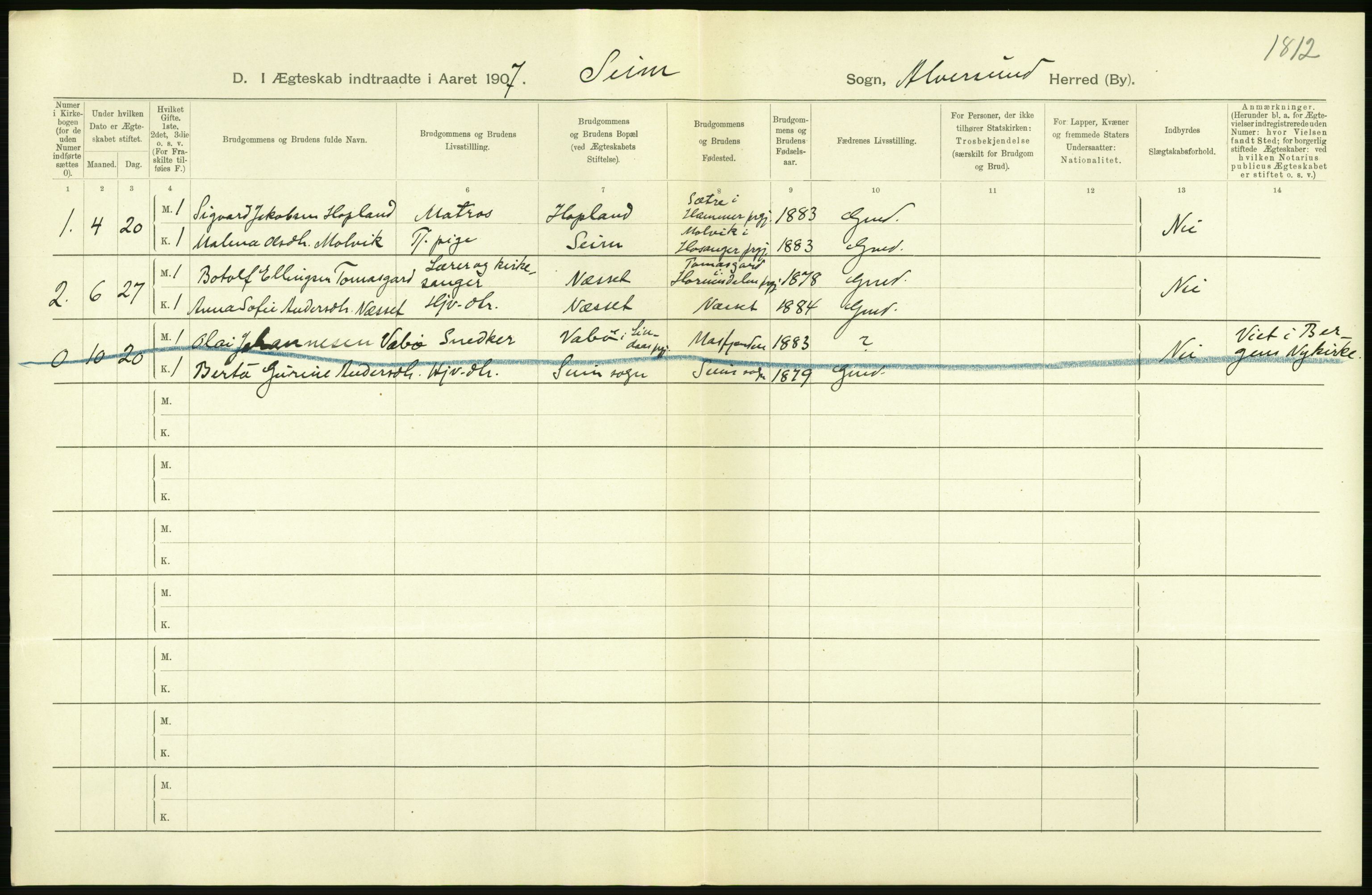 Statistisk sentralbyrå, Sosiodemografiske emner, Befolkning, RA/S-2228/D/Df/Dfa/Dfae/L0029: S. Bergenhus amt: Gifte, dødfødte. Bygder., 1907, p. 10