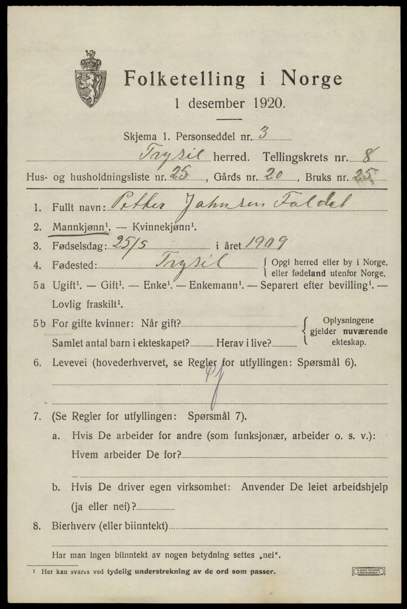 SAH, 1920 census for Trysil, 1920, p. 6533