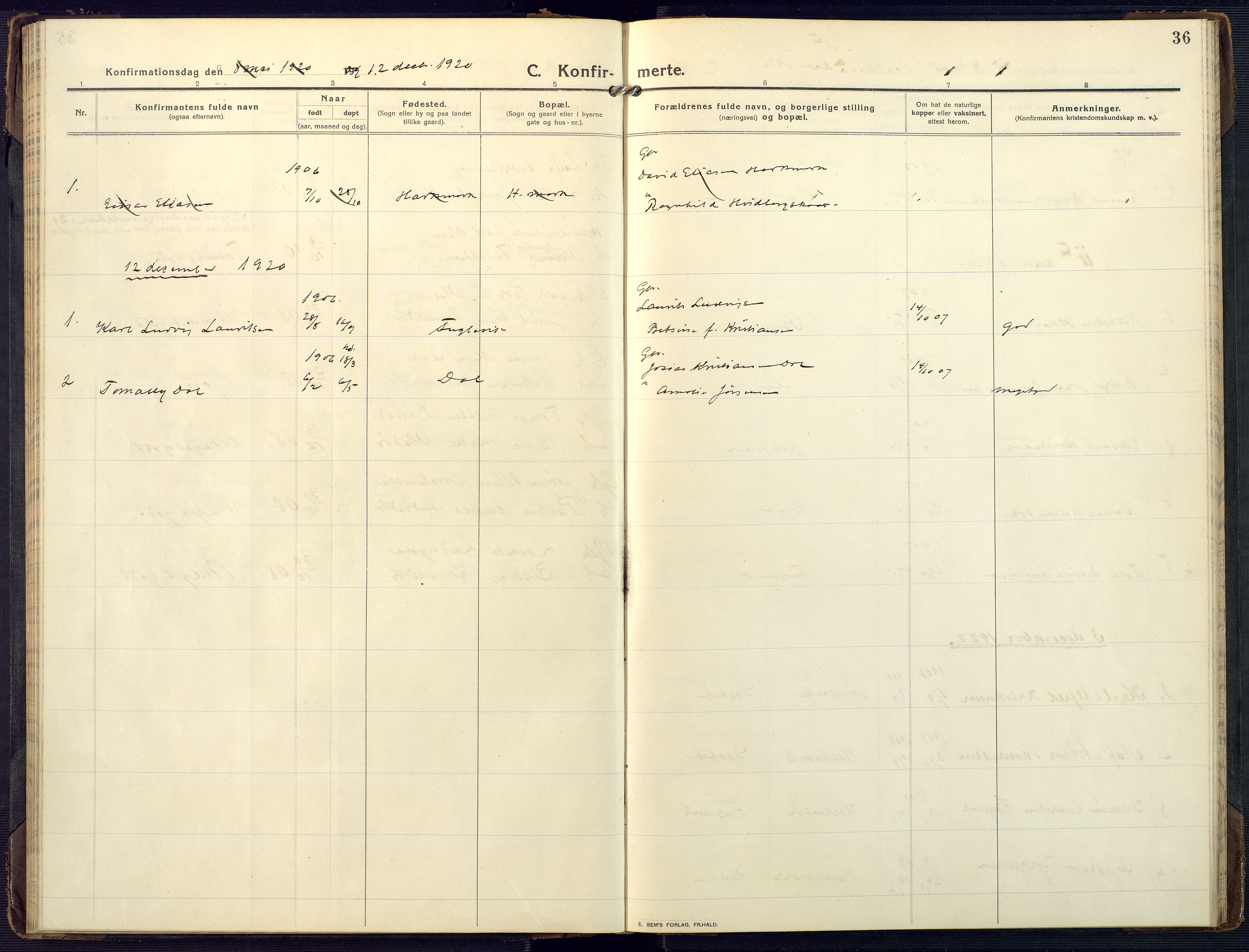 Mandal sokneprestkontor, SAK/1111-0030/F/Fa/Fab/L0003: Parish register (official) no. A 3, 1913-1933, p. 36