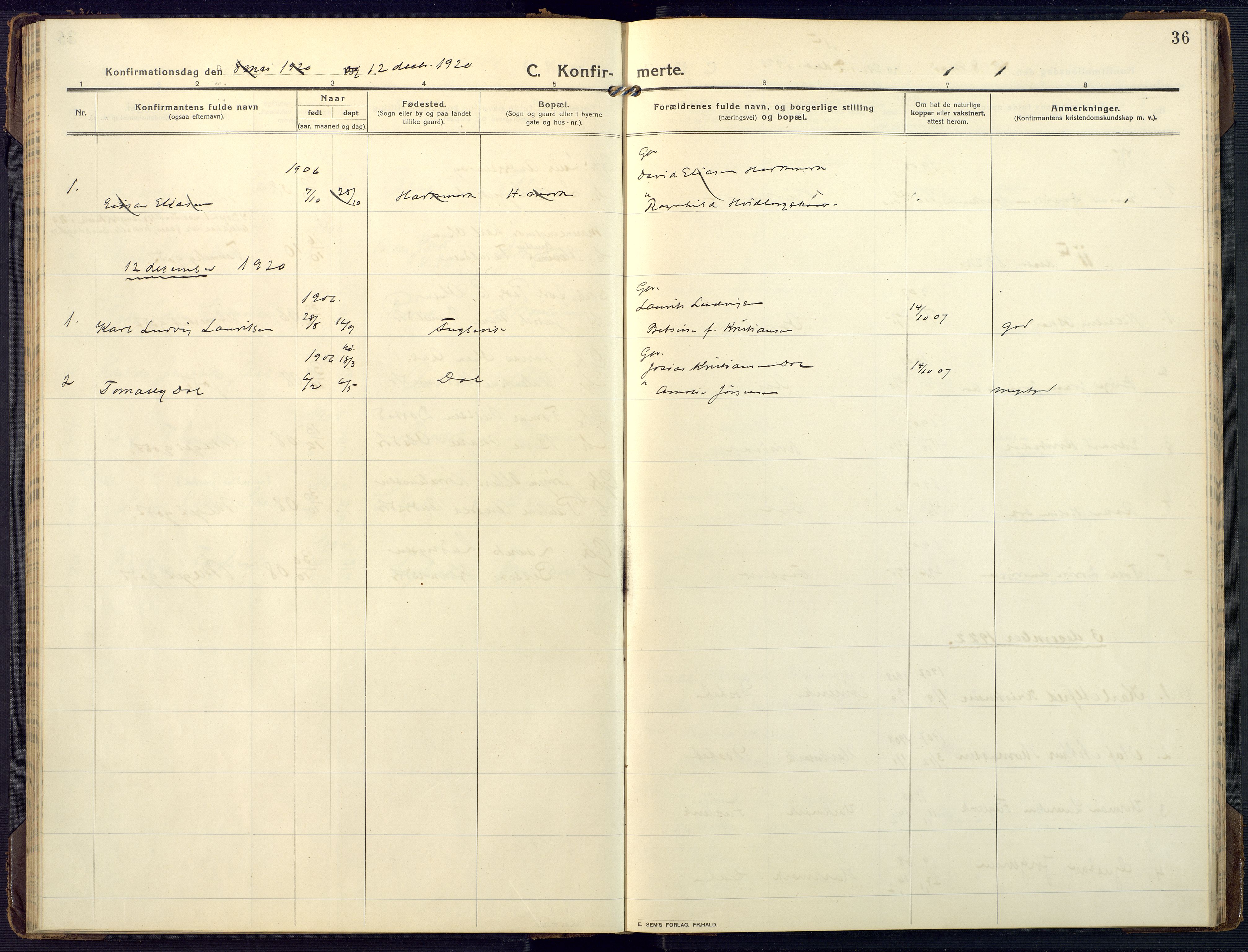 Mandal sokneprestkontor, AV/SAK-1111-0030/F/Fa/Fab/L0003: Parish register (official) no. A 3, 1913-1933, p. 36