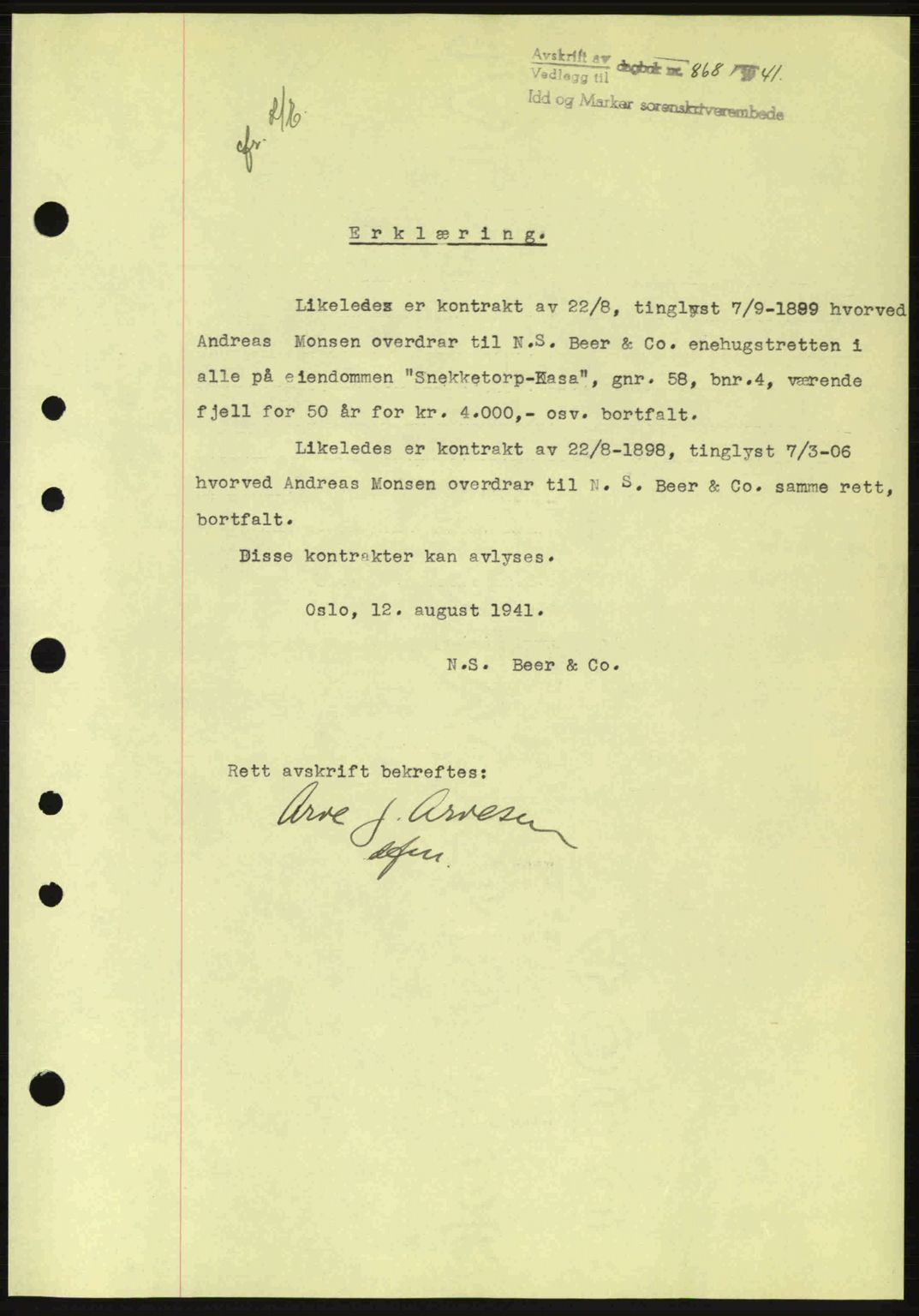 Idd og Marker sorenskriveri, AV/SAO-A-10283/G/Gb/Gbc/L0002: Mortgage book no. B4-9a, 1939-1945, Diary no: : 868/1941