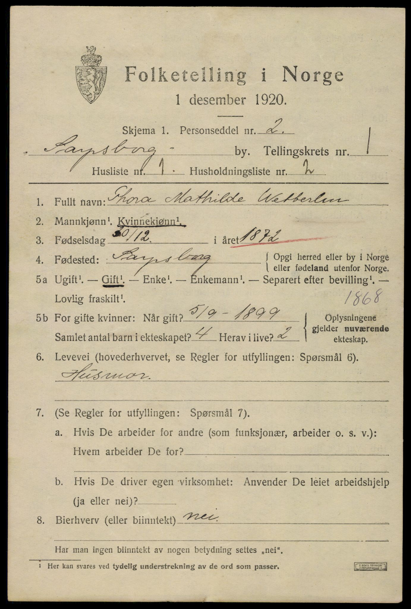 SAO, 1920 census for Sarpsborg, 1920, p. 7302