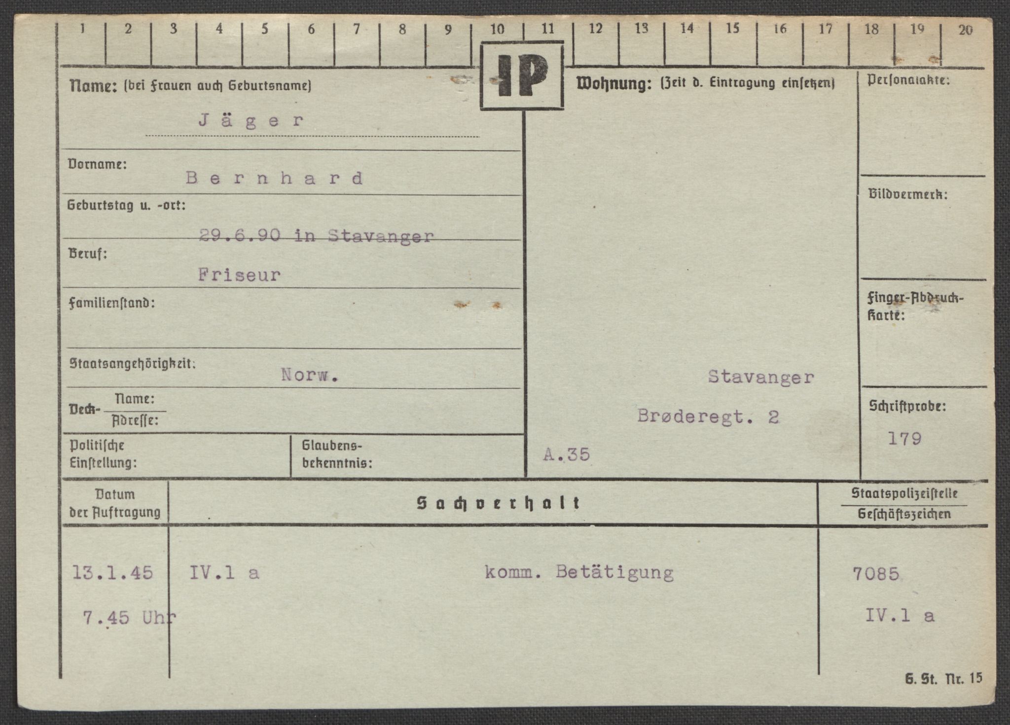 Befehlshaber der Sicherheitspolizei und des SD, RA/RAFA-5969/E/Ea/Eaa/L0005: Register over norske fanger i Møllergata 19: Hø-Kj, 1940-1945, p. 1073